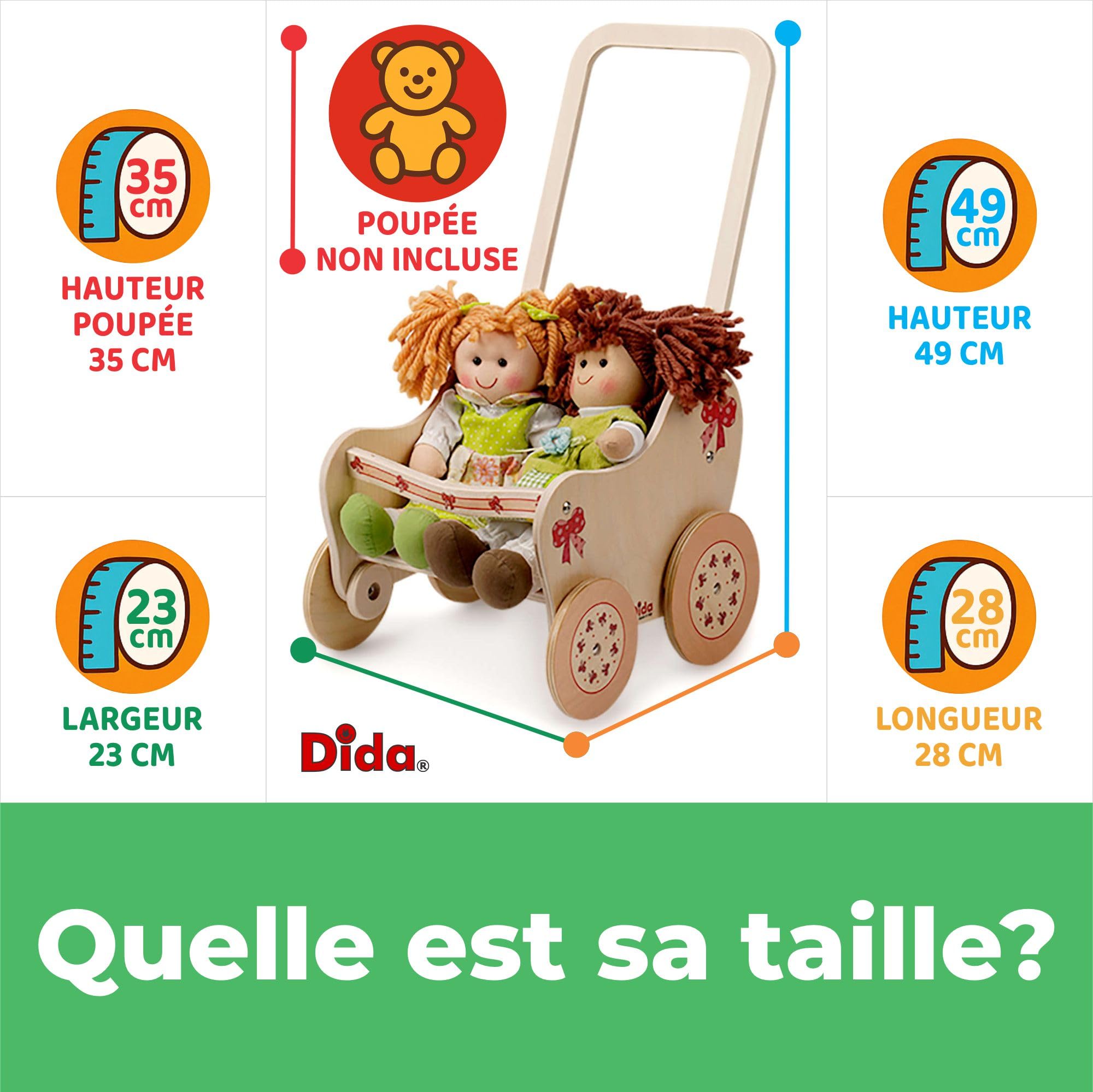 Dida Poussette Nœud pour Poupées - Landau en Bois Élégant, Adapté pour Poupées jusqu'à 35 cm, Parfait pour Jeux de Rôle Éducatifs, Idéal pour Enfants de 2, 3, 4 Ans