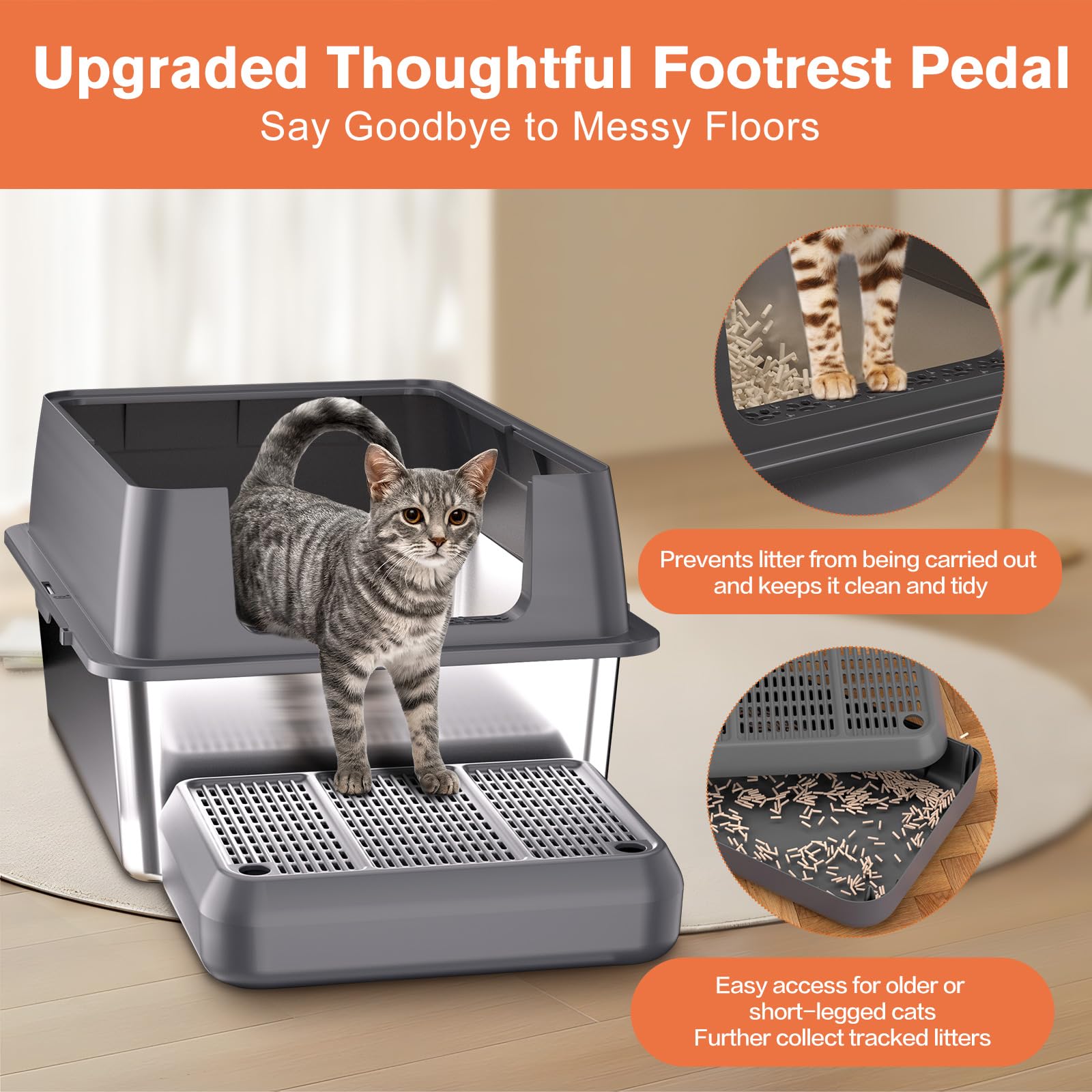 XXL Stainless Steel Litter Box with Lid, 28" Lx20 W Extra Large Cat Litter Boxes for Big Cats, Jumbo Metal Litter Box with Footboard & Scoop,Anti-Leakage,Non-Sticky,Odorless,Easy to Clean - image 4