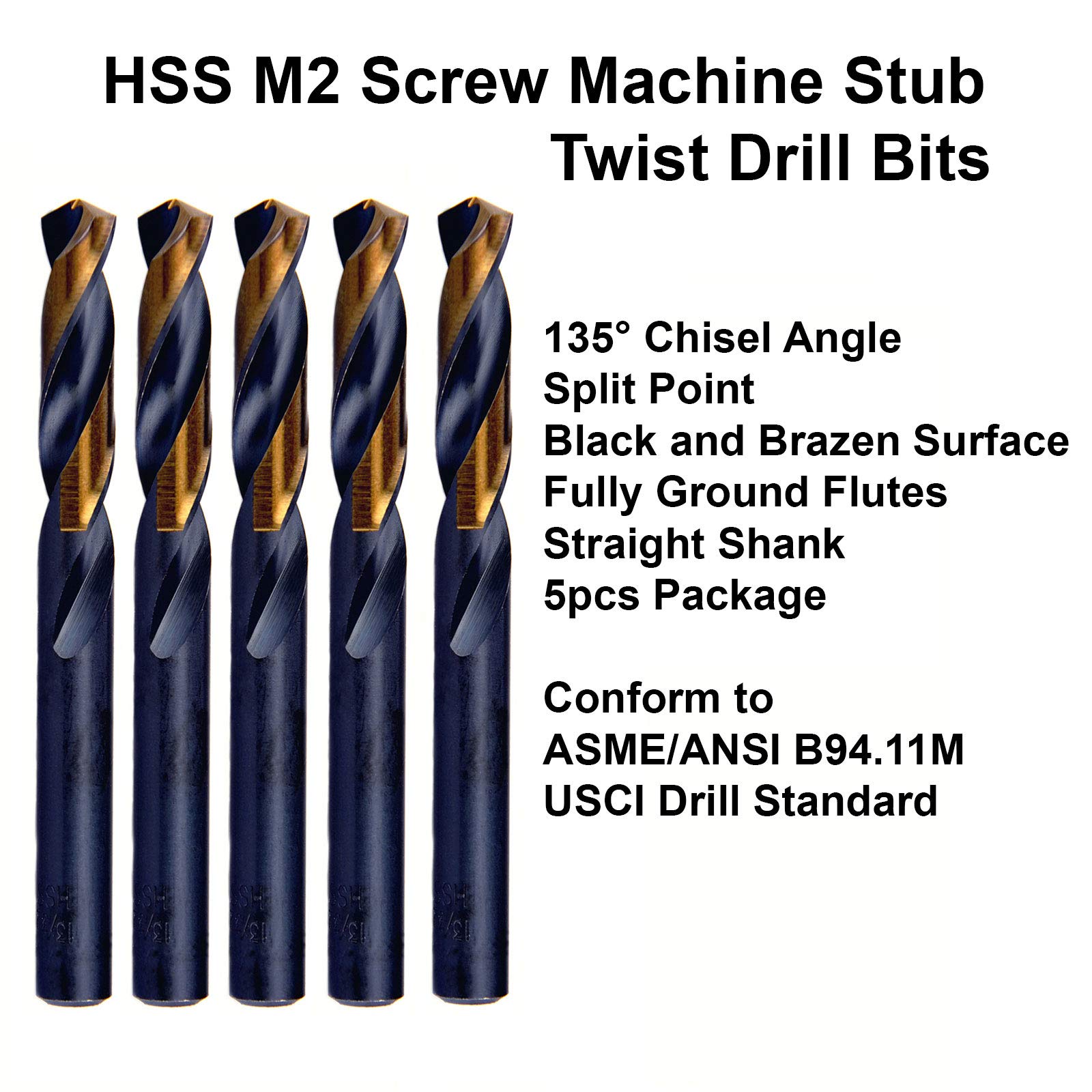 MAXTOOL 5 brocas de tornillo idénticas HSS M2 Twist Stub Brocas totalmente molidas negro y bronce; SMF02H10R13P5