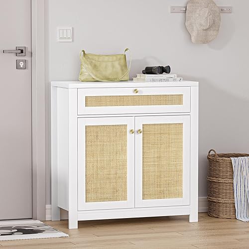 Miniatura 5 de Giluta Aparador blanco, armario de cocina con puerta y cajón, armarios de acento de ratán, mesa consola de armario para comedor, sala de estar,