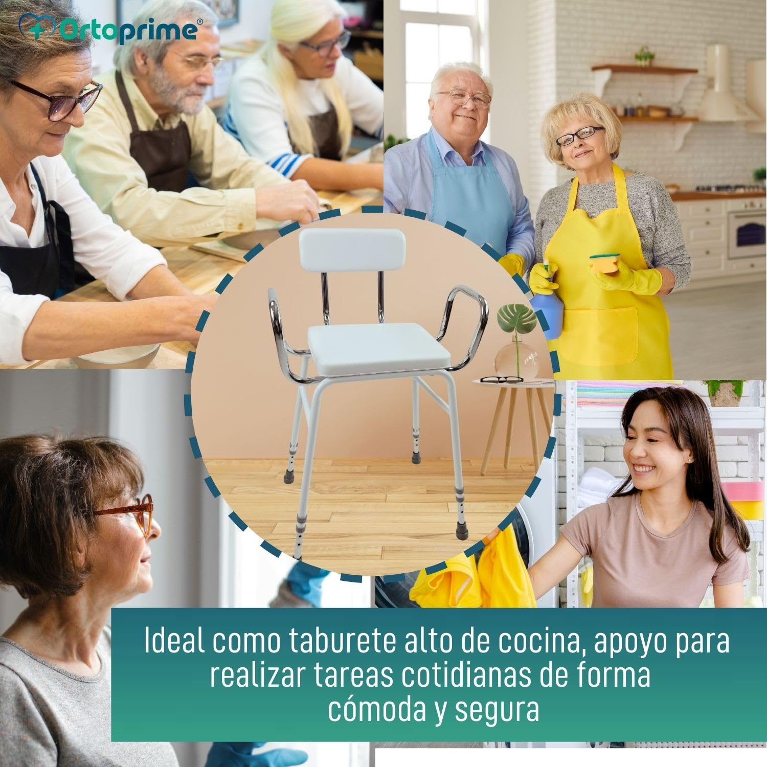 OrtoPrime Taburetes Altos de Cocina TAREAS HOGAR Silla Alta para Cocinar Regulable Silla de Apoyo con Reposabrazos - Silla Alta Ortopédica Ancianos - Taburete Cocina Alto con Respaldo Acolchado