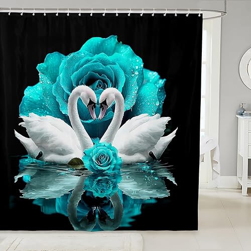 White Swan - Juego de cortinas de ducha de baño de color turquesa, cortina de ducha de tela con pájaros y vida silvestre, flores románticas,