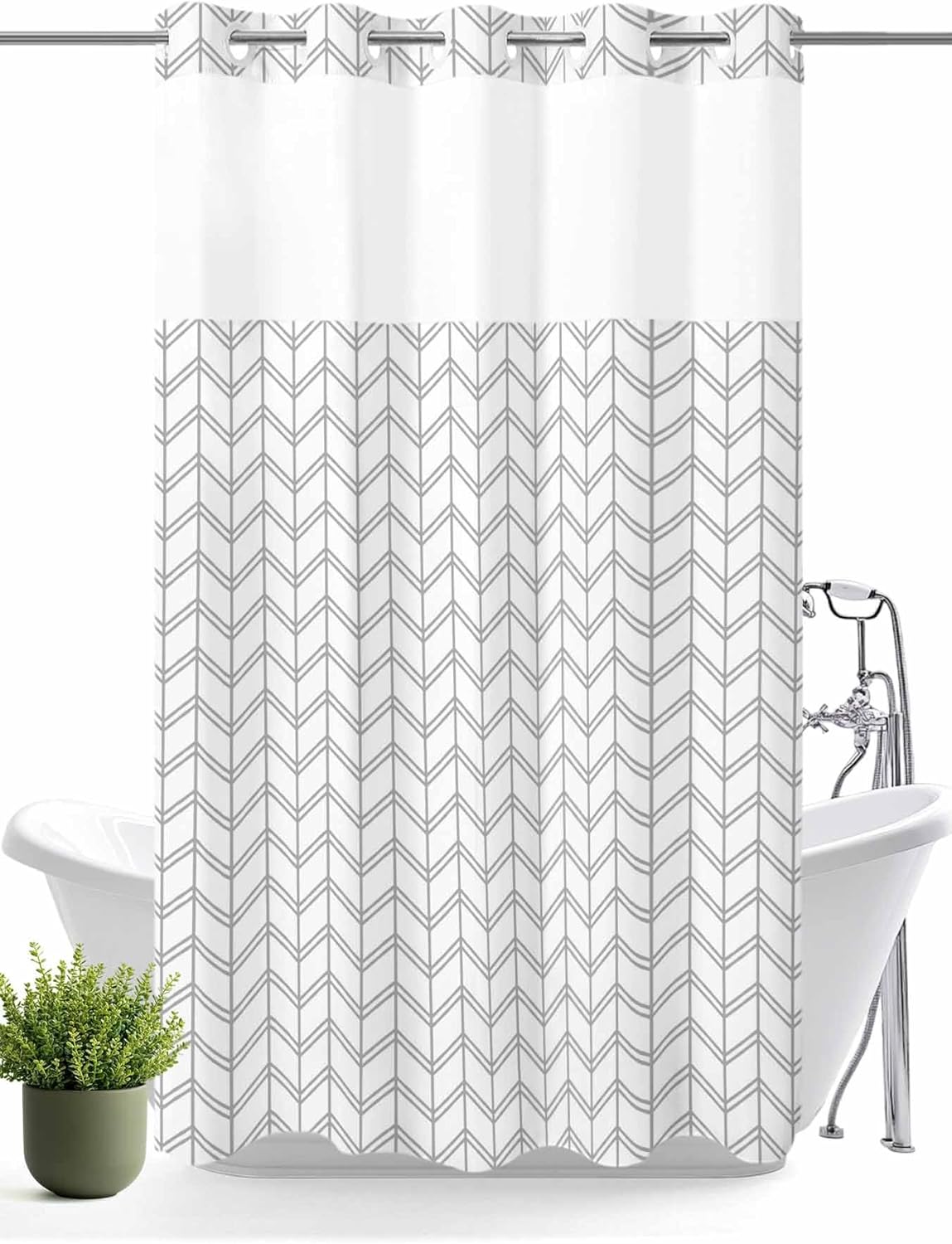Striped Abstract No Hook Shower Curtain and Liner Set Chevron Pattern Gray Line Snap in Shower Curtains Waterproof Bath Curtain with See Through Top Window Hotel Liner Set 36" x 72"