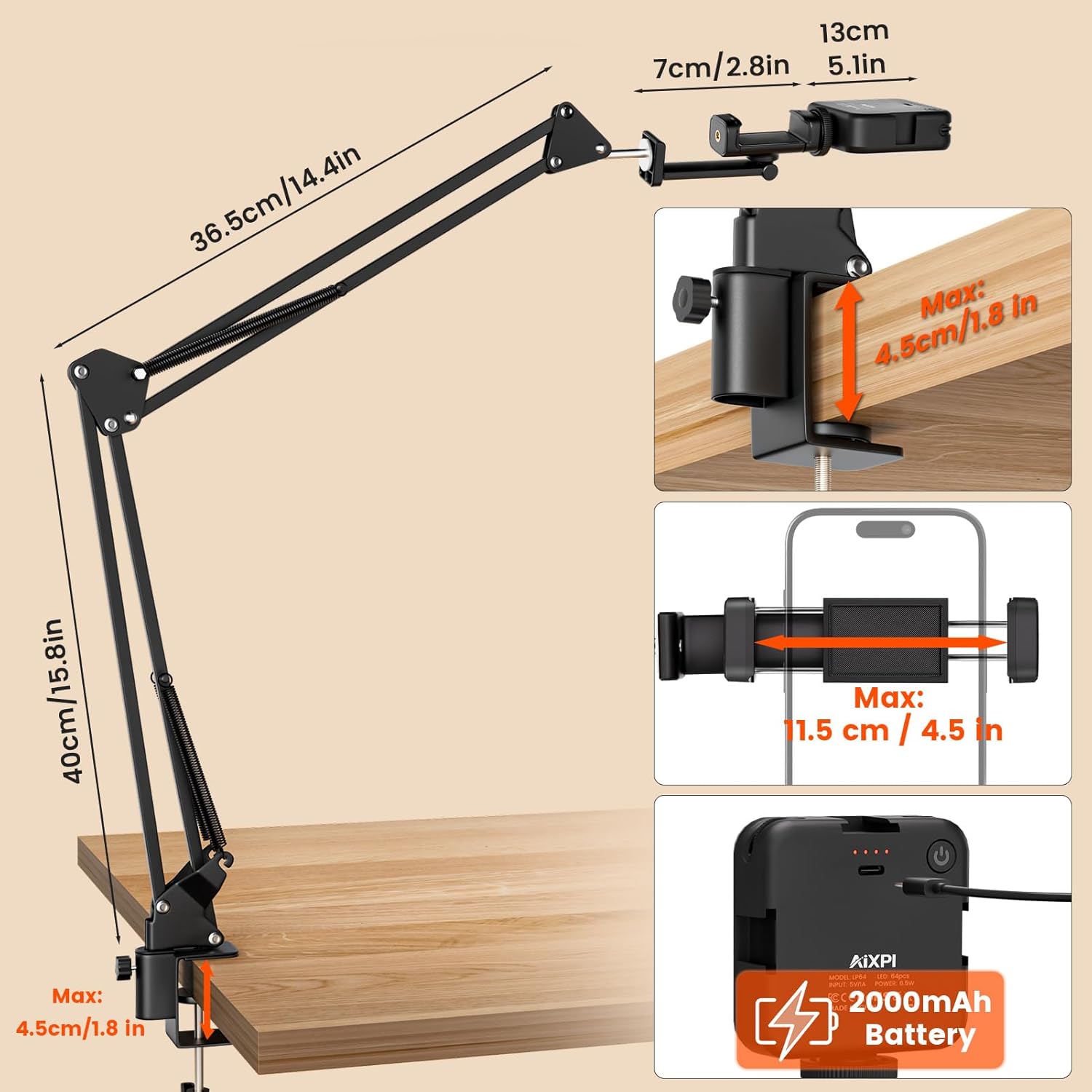Overhead Phone Mount with LED Selfie Light and Bluetooth Remote, Rechargeable Camera Light Tripod Stand with Flexible Boom Arm, Desk Phone Holder for Video Recording, Live Streaming, TikTok, Vlogging