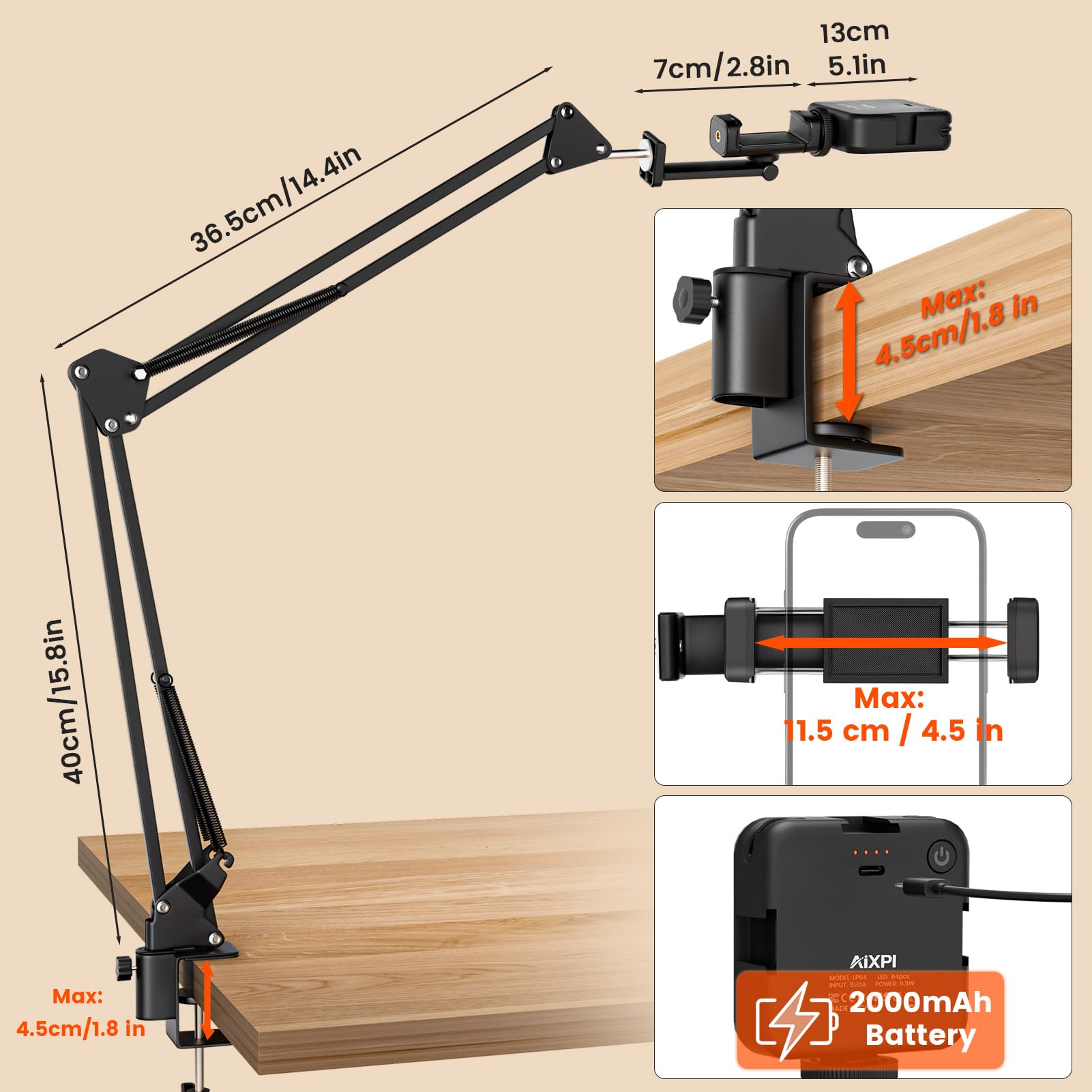 Overhead Stativ Handy mit Licht,Winkel einstellbar Handy Stativ mit Licht 3 Lichtfarben Einstellbare Helligkeit Ringlicht Flexiblem Arm Halterung für Tiktok, YouTube, Live-Streaming, Videoaufnahmem