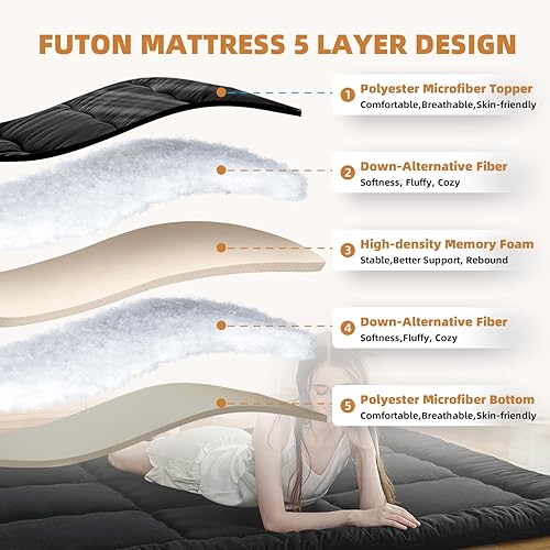 Miniatura 6 de Futón japonés de tamaño matrimonial, colchón plegable para el suelo, colchón de tatami, cama portátil para invitados, tapete de juego para niños,