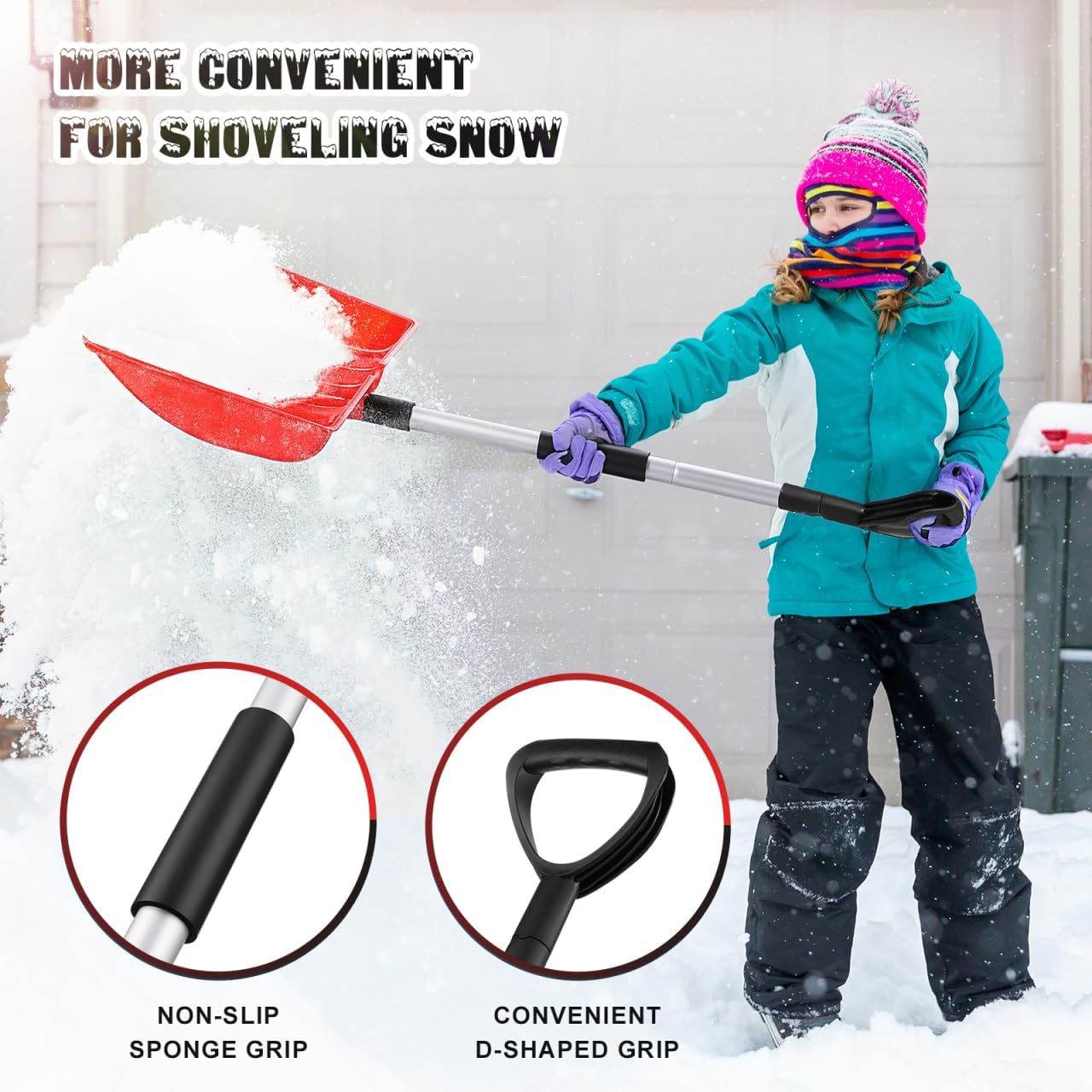 Large Snow Shovel with Adjustable Handle Lightweight Aluminum Snow Remover Tool Ice Scraper for Cars and SUVs Red