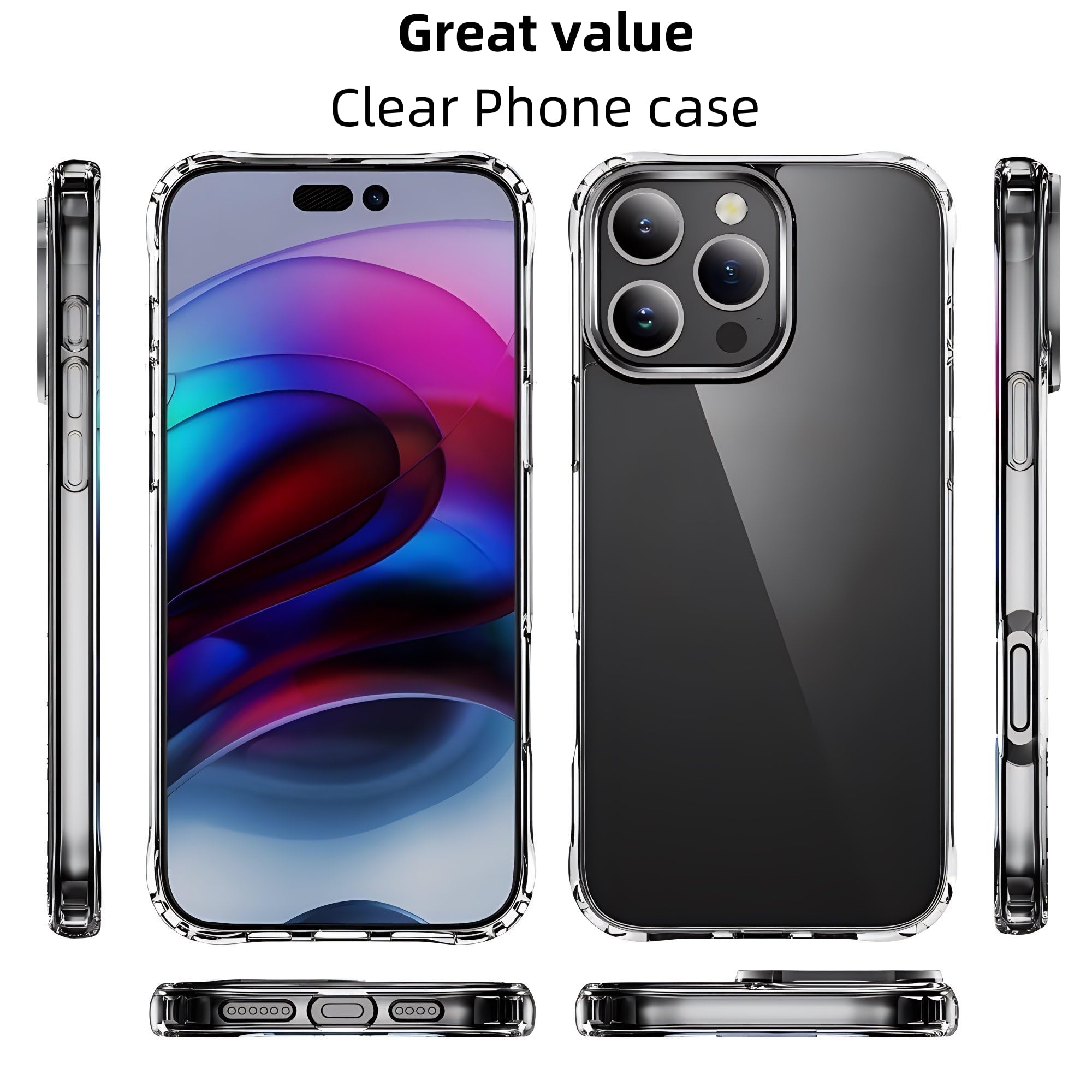 gueche Cover per iPhone 15 Pro Max, Custodia Protettiva per Telefono con Retro Rigido e Cover Morbida in TPU per iPhone 15 Pro Max da 6.7 Pollici Phone case funda coque- Trasparente