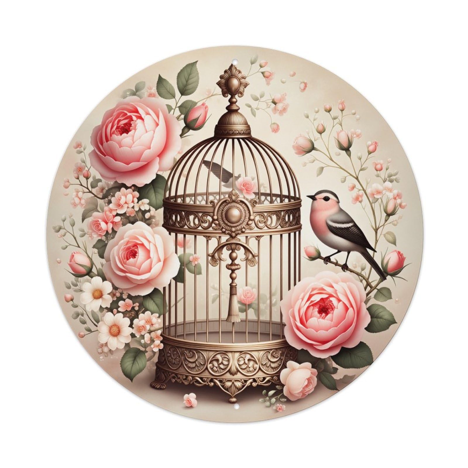 Lzwbntey Vintage Bird Cage Roses Flowers Bird Metal Tin Sign Retro Wall Decor For Home Bar Garage Cafe, Indoor & Outdoor Decorative，Circle Metal Poster, 8X8 Inch