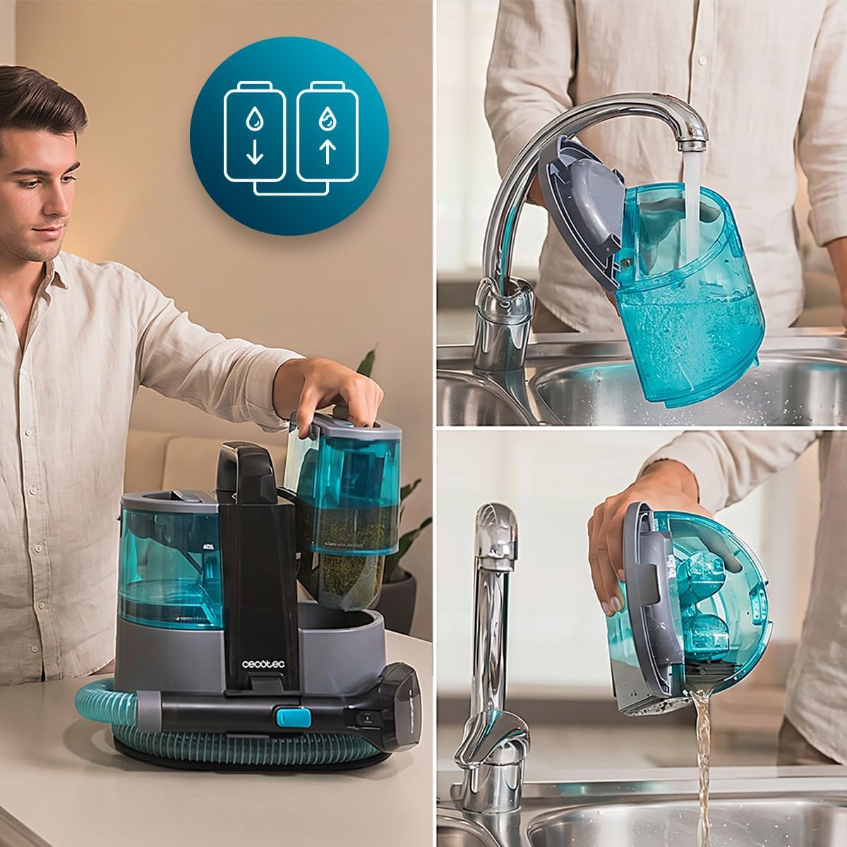 Cecotec Conga 4000 Carpet&Spot Clean XL Neo Upholstery Cleaner, 3-in-1 Function, 600 W, Strong 14 kPa Suction Power, 1.5 L Fresh Water Tank, 5 m Radius, for Wet and Dry, Window Accessories, 3 Nozzles