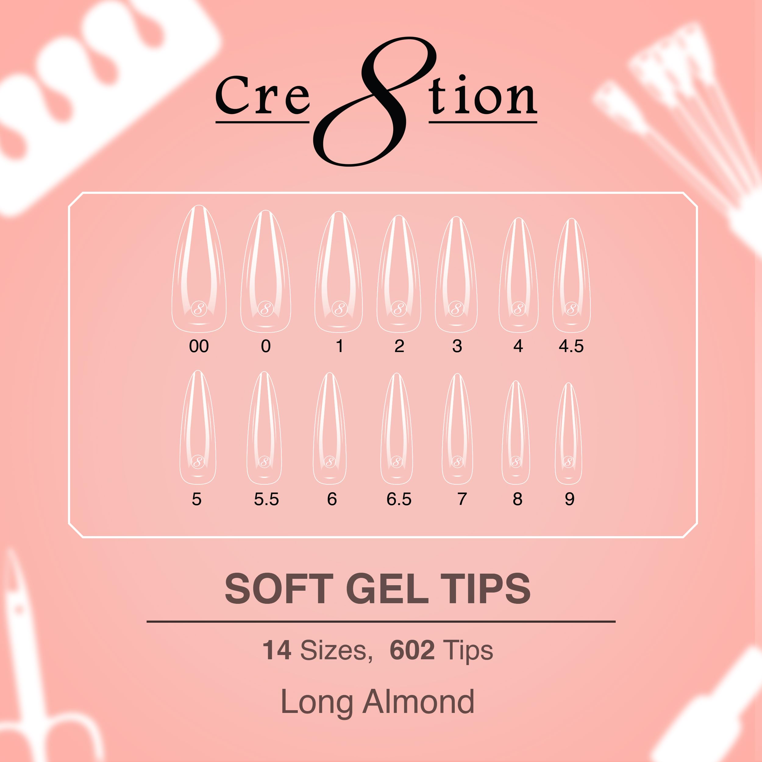 Cre8tion Soft Gel Nail Tips, Long Almond Shape, 602 Tips in 14 Sizes (00-9) for Professional Nail Extensions