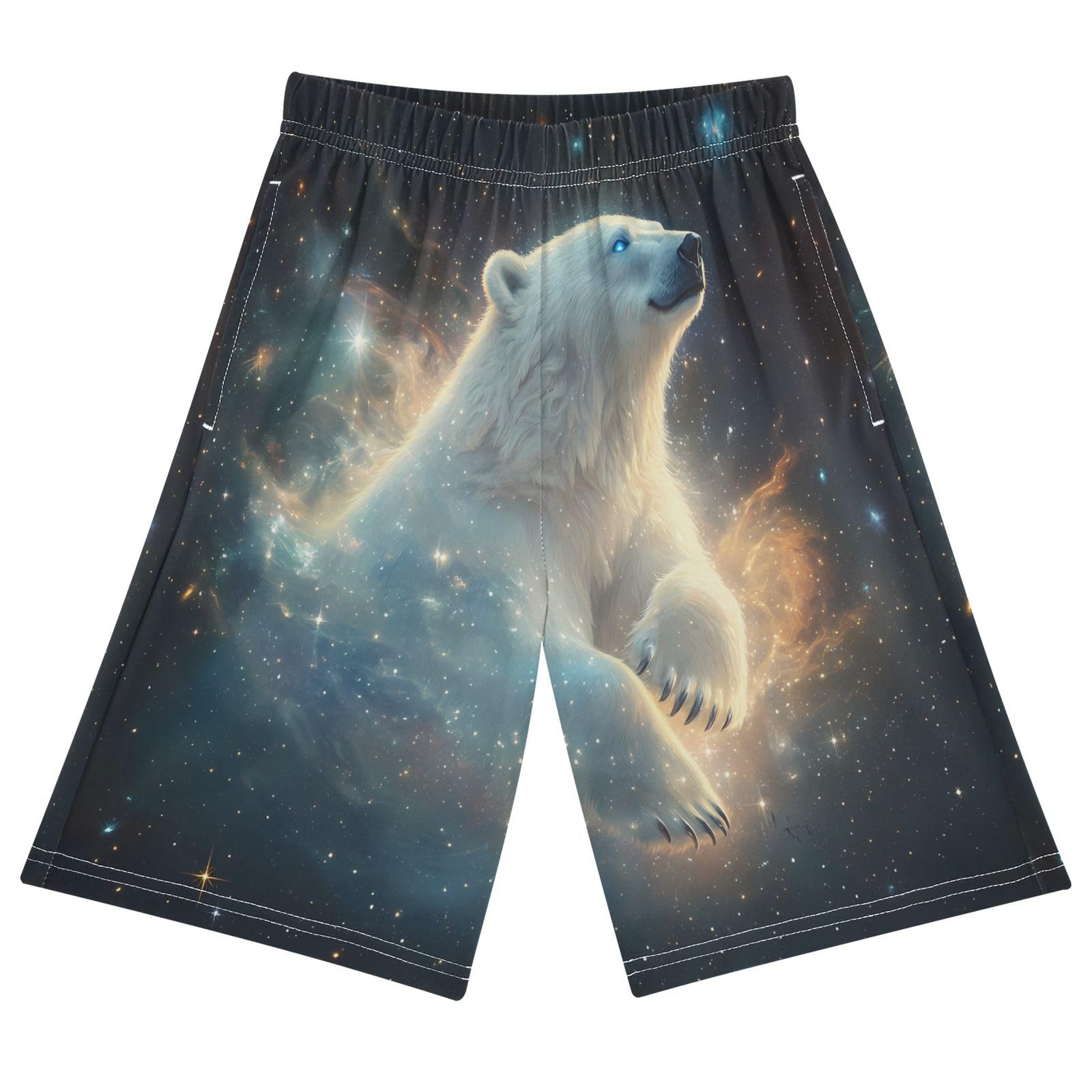 ALAZA White Polar Bear Starry Sky Boys Athletic Shorts Kids with Pockets Shorts for boy Girl Size 6-8 Years
