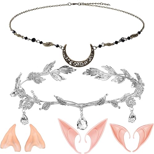 Disfraz de hada de Halloween para mujer, disfraz de elfo, cadena de cabeza de luna y corona de elfo, tiara de hoja de diamantes de imitación, 5
