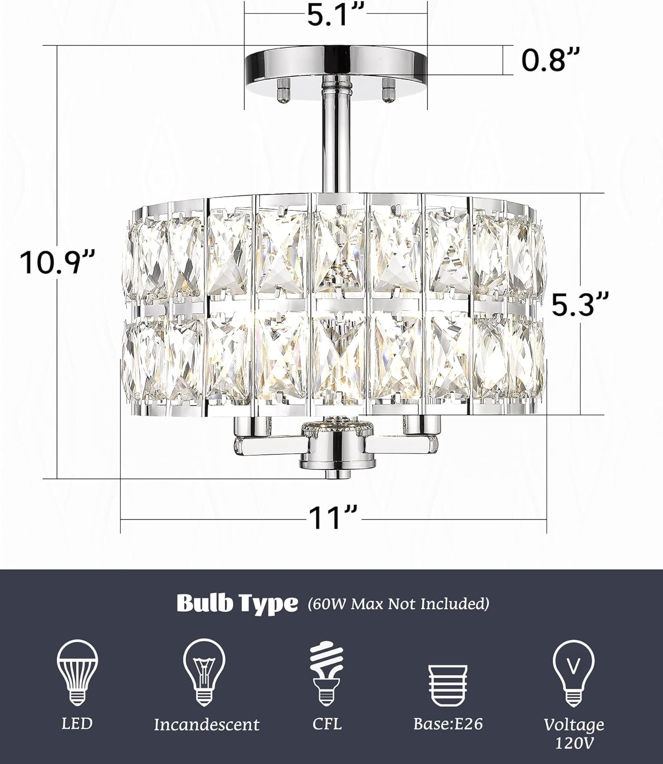 CALDION Semi Flush Mount Ceiling Light Fixture, 11" Crystal Light Fixture, 3-Light Modern Chandelier with Chrome Finish for Bathroom, Dinning Room, Hallway, 6869SM-CH-3 - - 