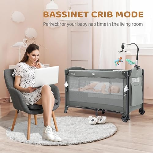 Miniatura 3 de JOYMOR Cuna para bebé, empacar y jugar con moisés y bolsa de transporte, se convierte en cama de noche con ruedas para niños y niñas (gris)