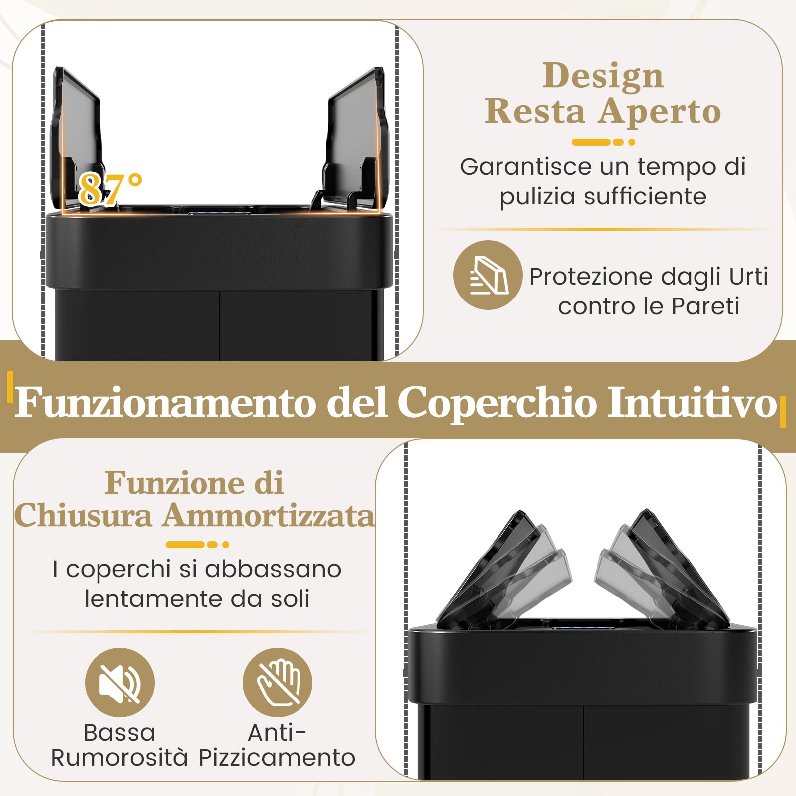 COSTWAY 60L Cestino per Rifiuti con Coperchi a Ali, Pattumiera in Acciaio Inox Spazzolato con Sensore di Movimento a Infrarossi, Bidone Automatico per Camera da Letto, Bagno e Cucina (Nero)