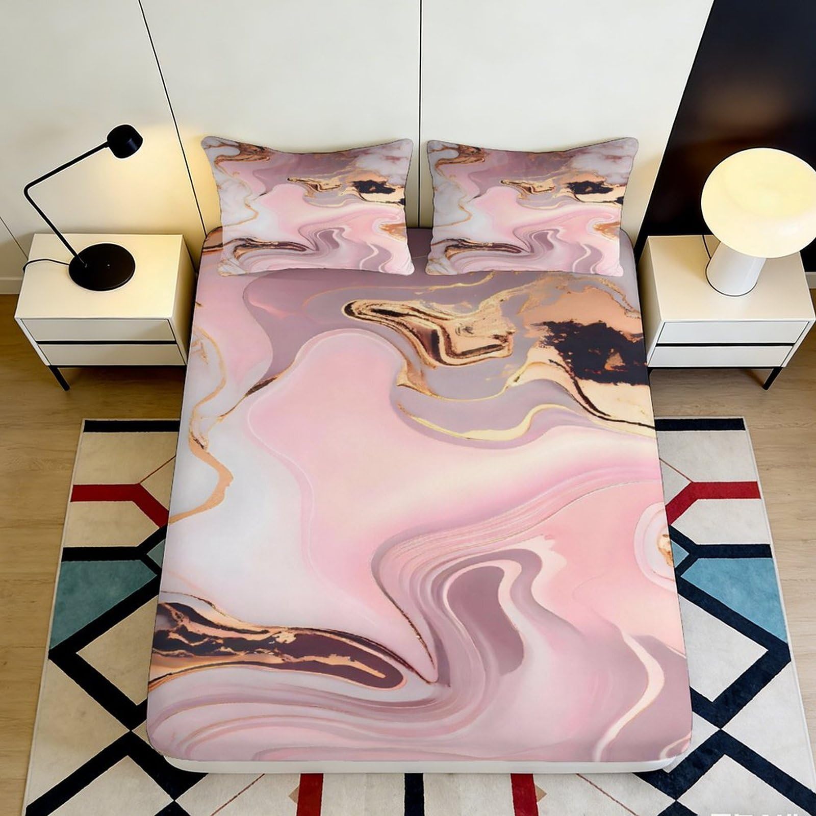 3D Printed Pink Marble Fitted Sheet Microfiber Abstract Swirl Bed Cover for Bedroom Guest Room Decor Machine Washable 90x200x25cm