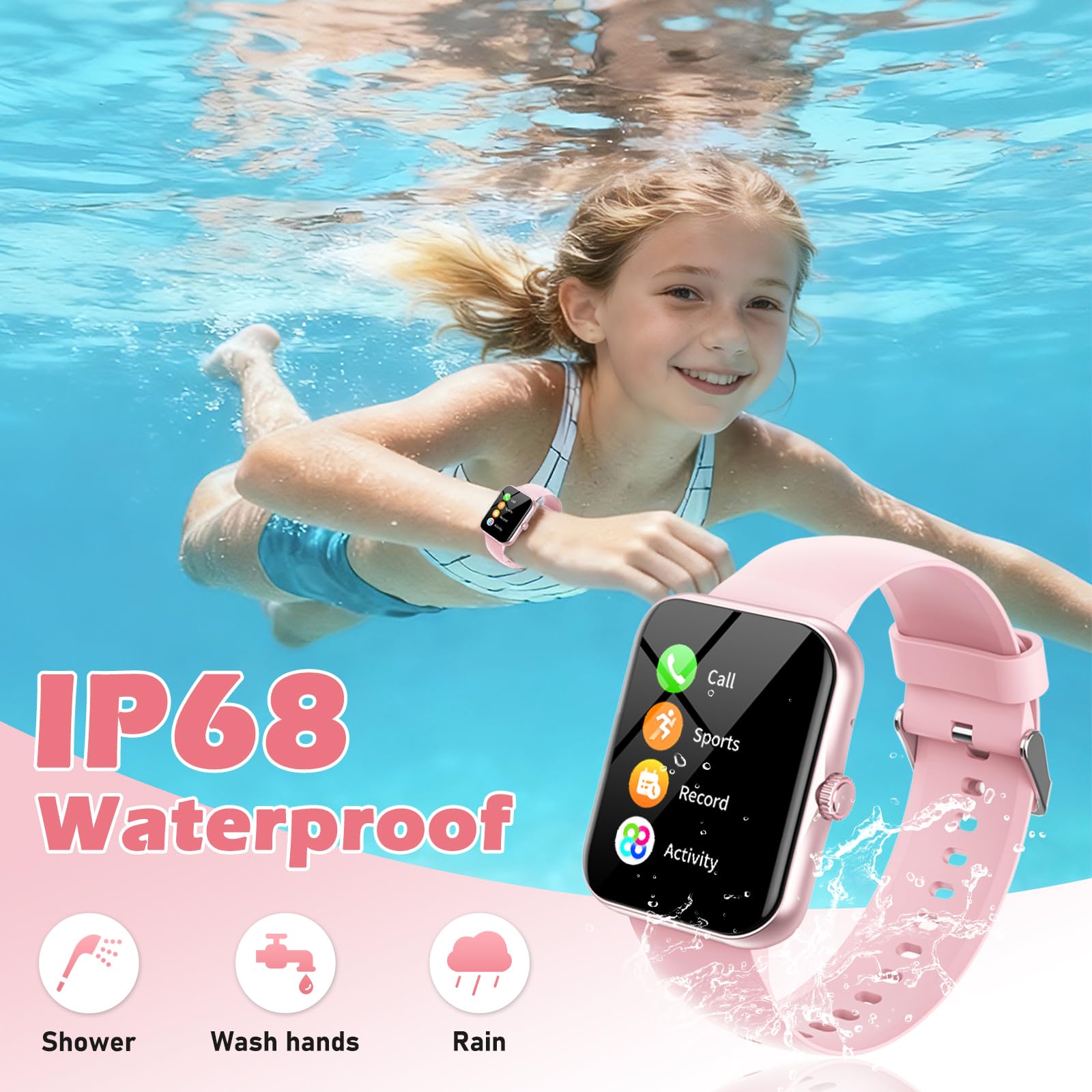 Fitness Tracker Montre Connectée Enfant, 1,83" HD Montre Intelligente pour Garçon Fille IP68 Étanche avec 120+ Mode de Sport Cardiofrequencemètre Podomètre Réveil Jeux pour Ados 4-16 Ans Cadeau, Rose