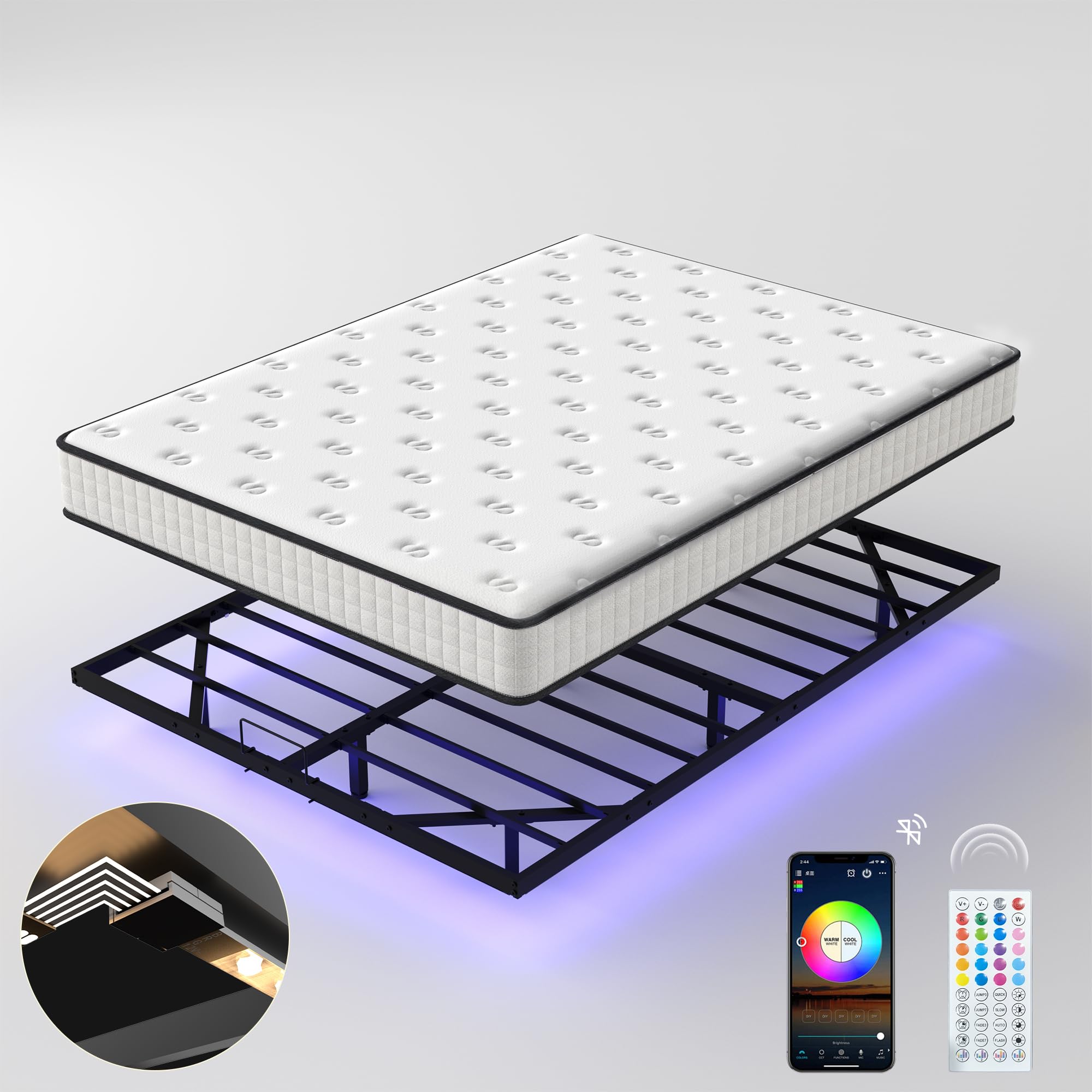 DEWINNER 140 x 200 Matelas à mémoire de Forme et Cadre de Lit LED avec Sommier,22 cm Épaisseur,Parfait Soutien Haute Resilience Ultra Respirante,Matelas réversible à Deux Faces entièrement utilisables