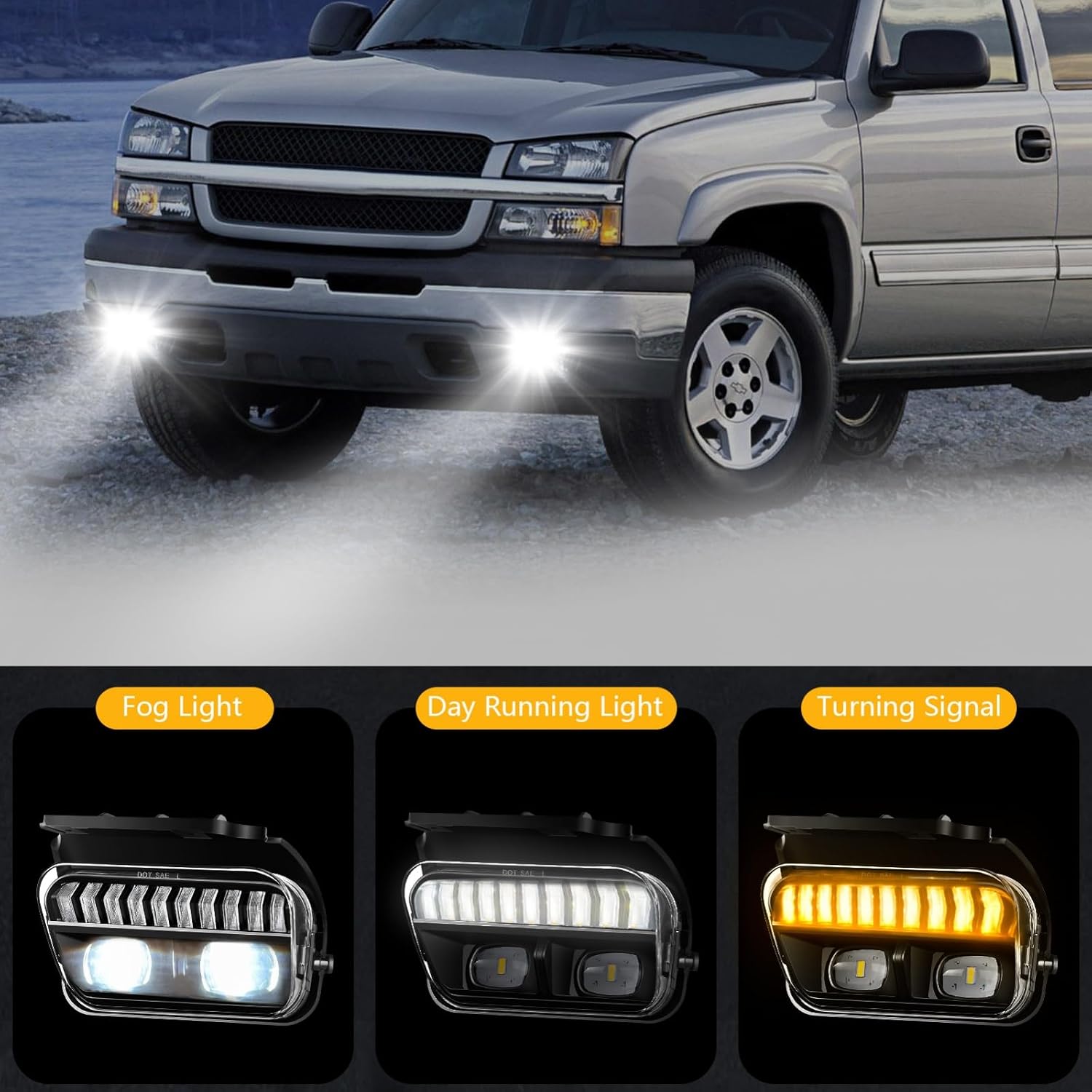 LED Fog Lights with Day Running Light for Chevy Silverado 2003-2006 All Models,Avalanche 2002-2006,White DRL, Amber Turn Signal, Pickup Truck Driving Fog Lamps, Clear Lens
