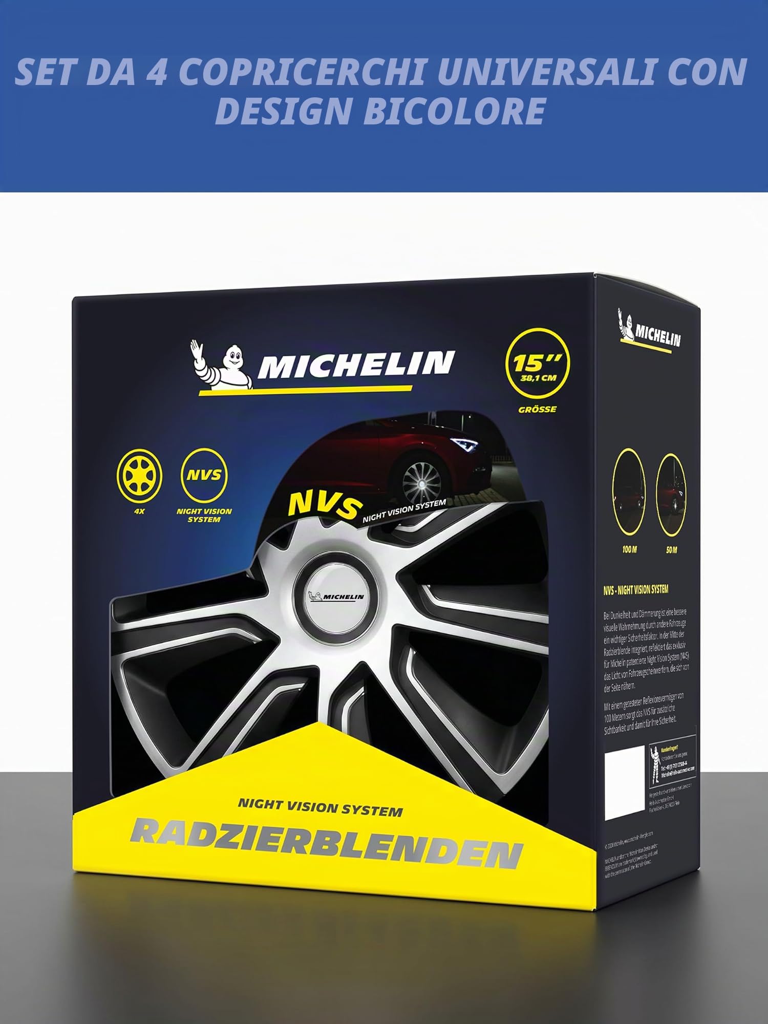 Michelin 92014 Copricerchi Louise con sistema riflettente N.V.S., set da 4, 38.10 cm, 15'', argento/nero