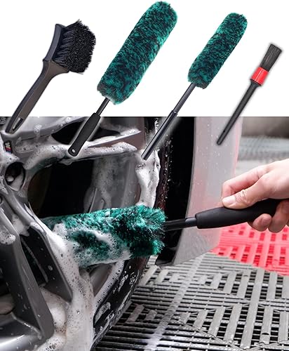 Juego de 4 cepillos profesionales para ruedas de mango largo para limpiar ruedas y neumáticos, 2 cepillos de limpieza suaves para ruedas, cepillo de