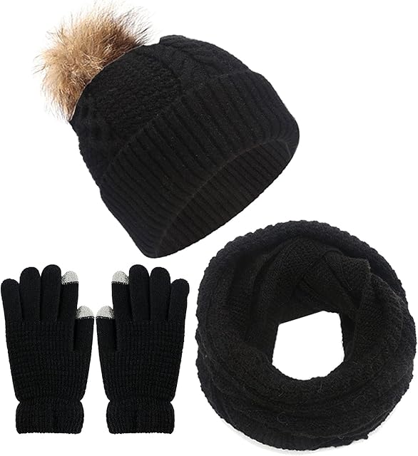 Yutdeng Hat Scarf Gloves Set for Women Ladies Girls Warm Knitted Pom Pom Beanie Cap Long Circle Scarf Touchscreen Gloves 3 in 1 Winter Set for Outdoor Sports Shopping