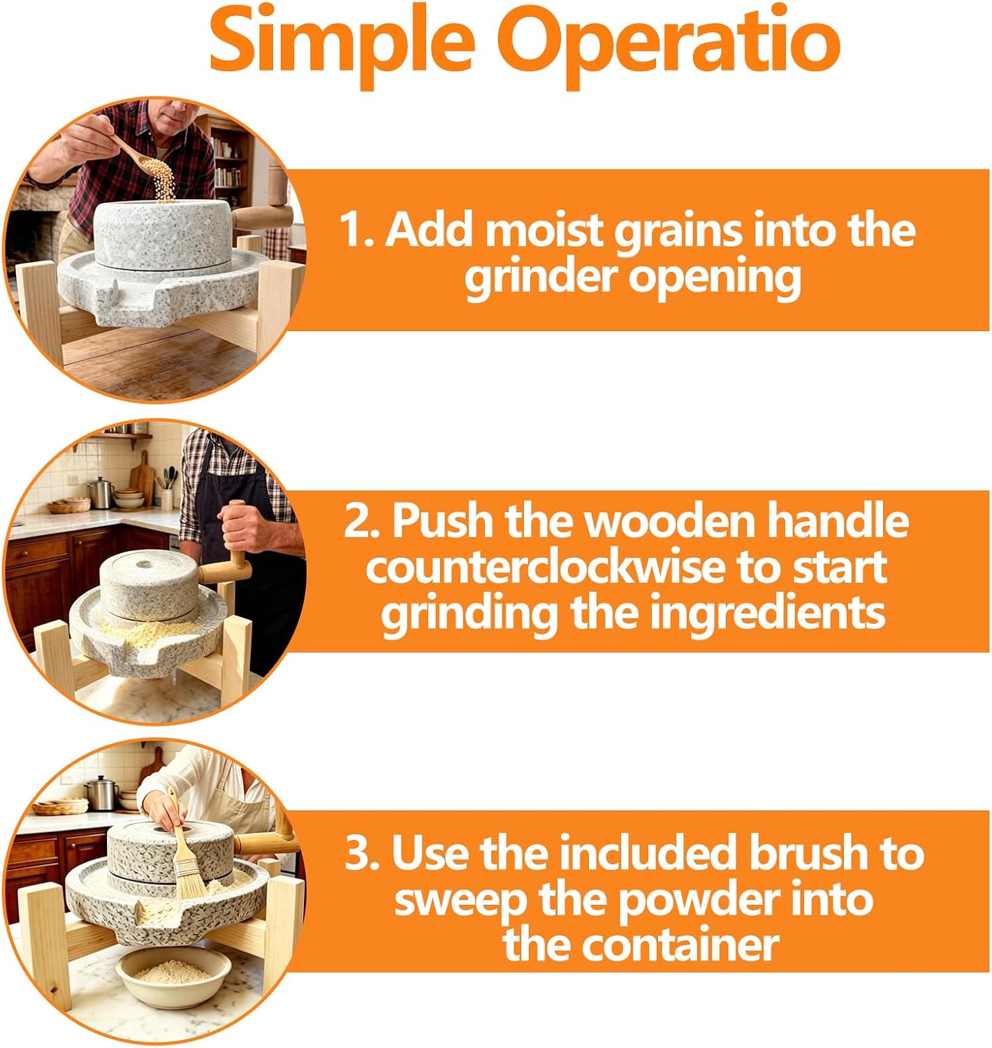 Natural Granite Stone Grain Mill, Handmade Grinder for Dry and Wet Grinding, Traditional Manual Grinding Tool with Wooden Stand
