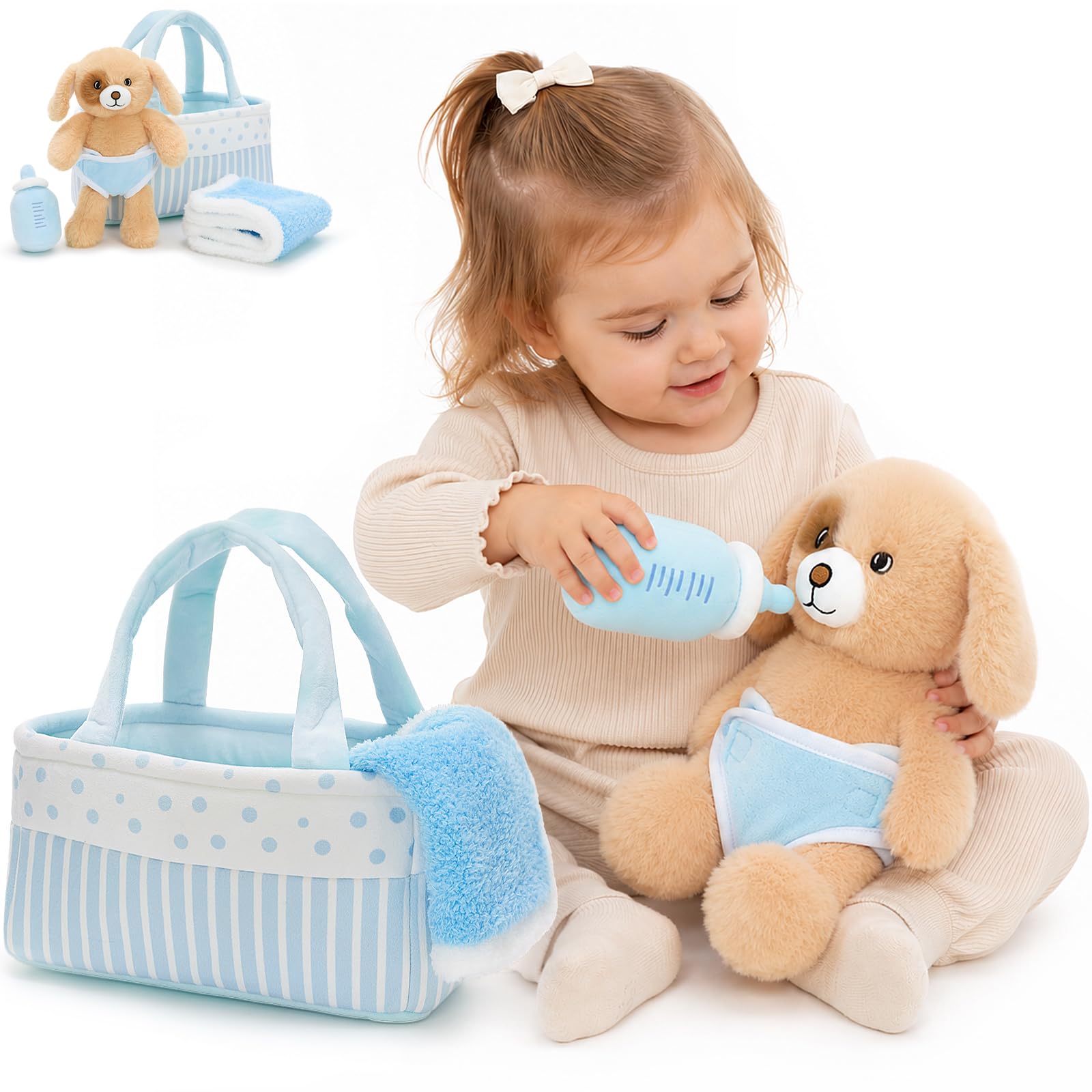 Tezituor Peluche cucciolo di peluche con pannolino, bottiglia per il latte, coperta e cestino, giocattoli per far finta di giocare per bambini carino set per neonati
