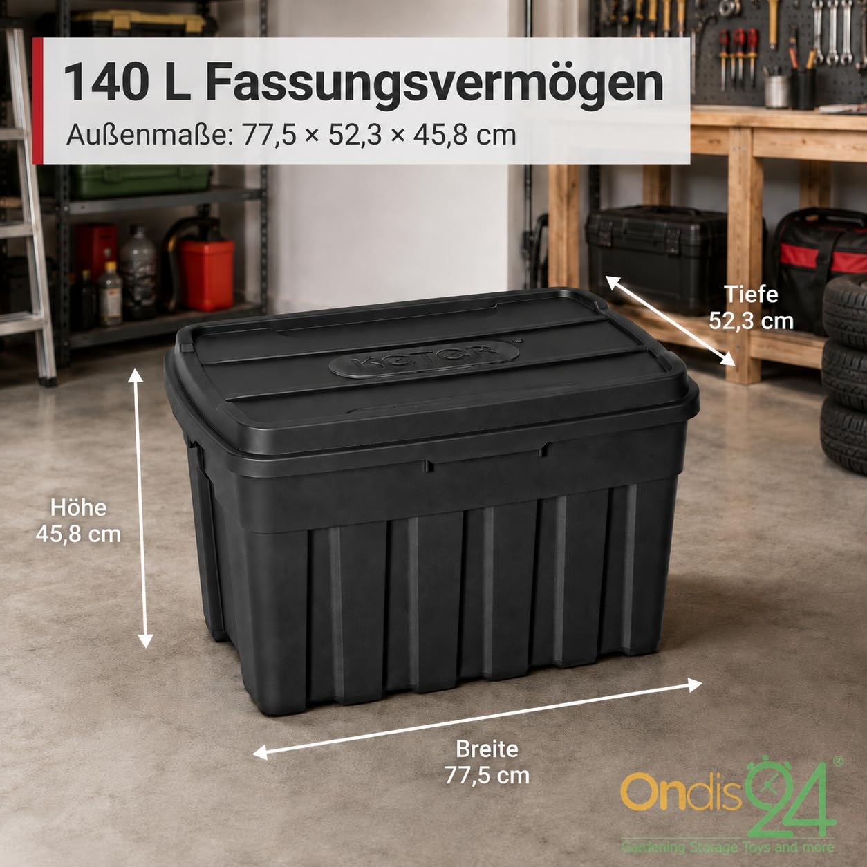 Ondis24 Scatola portaoggetti con coperchio, 140 l, 77 x 42 x 66 cm, impilabile con coperchio, stabile, impilabile, in plastica, per proprietari di case, genitori, appassionati di fai da te, forniture