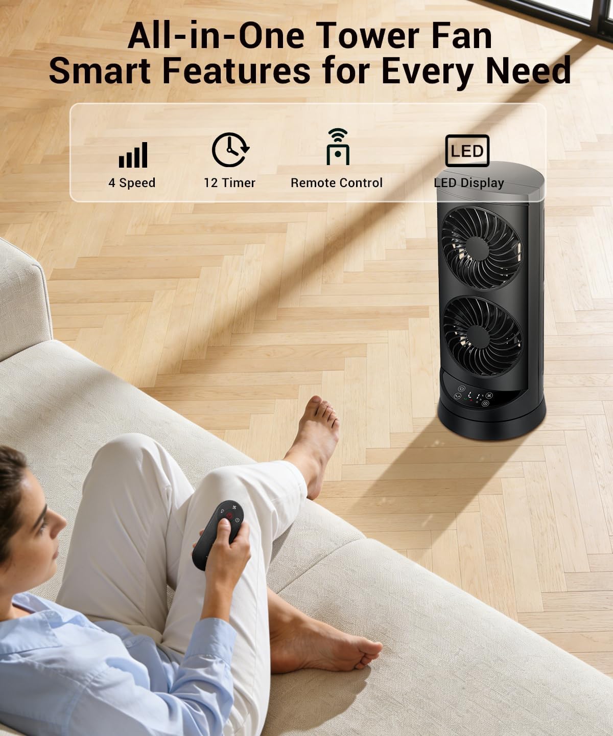 KopBeau Tower Fan for Bedroom, Portable Desk Table Fan with Remote,4 Speeds,12H Timer,60° & 110° Oscillating Electric Fans that Blow Cold Air,Fast Cooling Fan for Home Office Dorm