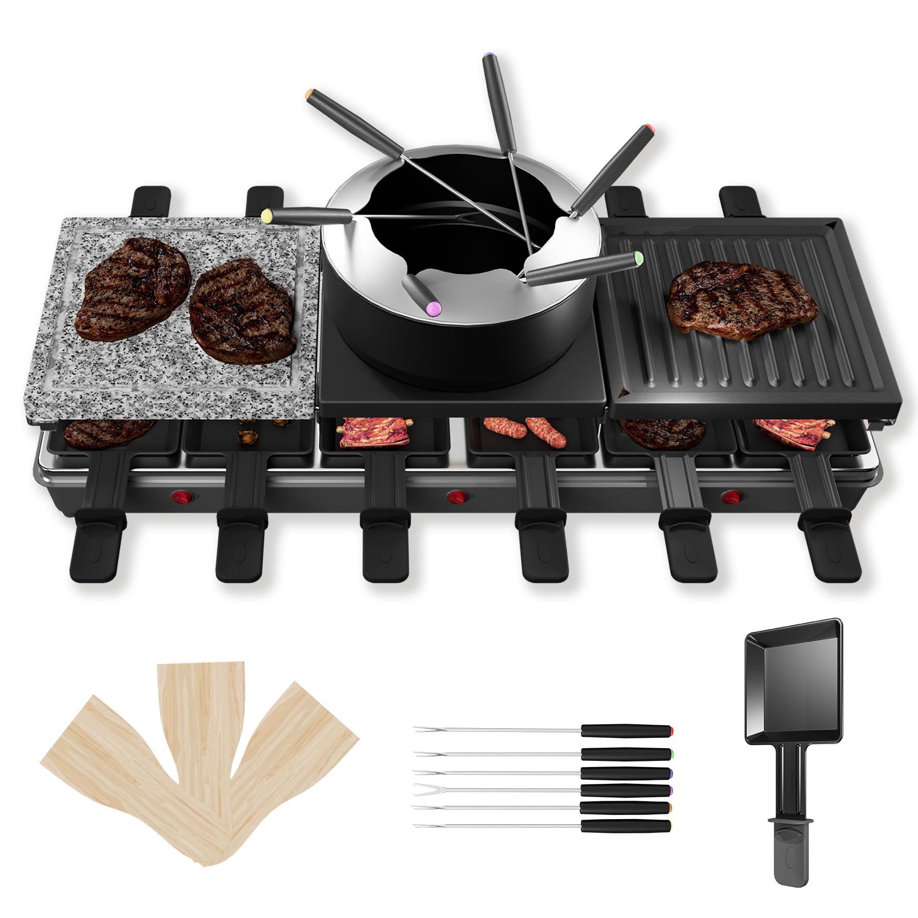 LARS360 Raclette Fondue kombi dla 12 osób, elektryczny grill stołowy, zestaw do fondue z naturalnym kamieniem do grillowania, nieprzywierająca płyta grillowa i Hot Pot, fondue elektryczny, w zestawie