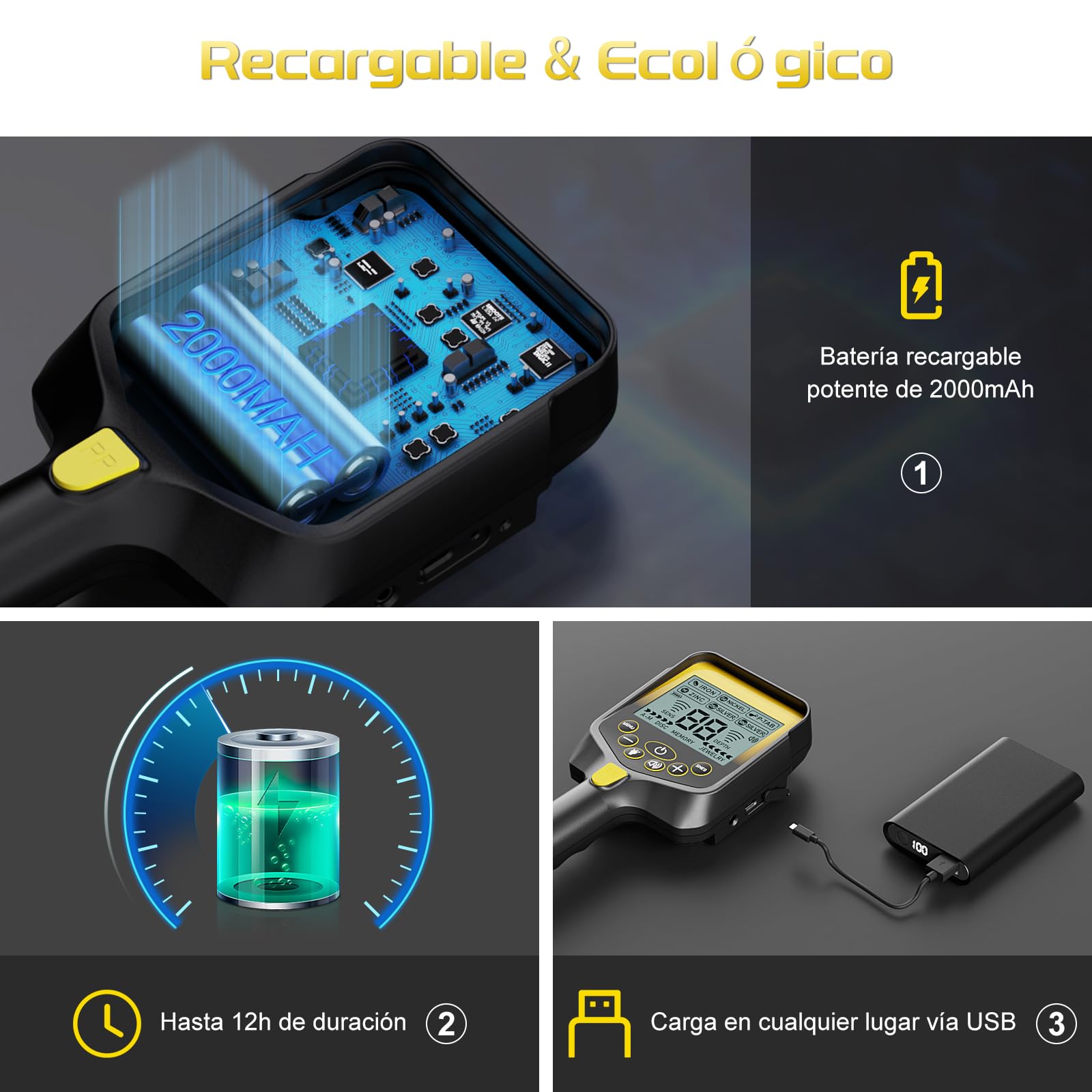 LOLARAN Detector de Metales con Batería de Litio Recargable - Ligero y Plegable, Pantalla LCD Grande, Bobina de 10 Pulgadas Impermeable, Ideal para Principiantes