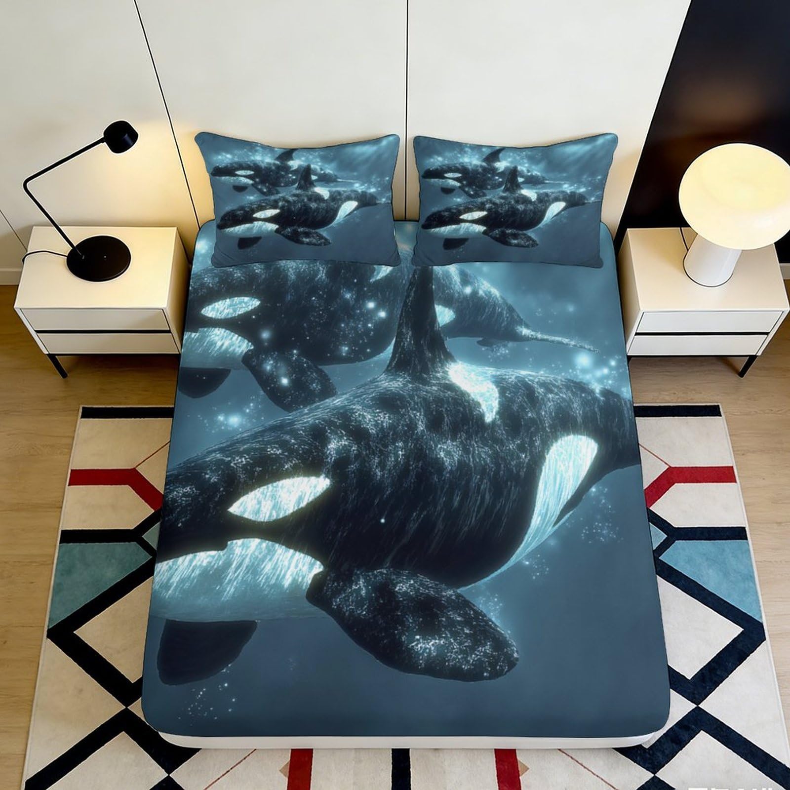 3D Printed Ocean Orca Fitted Sheet Microfiber Soft Breathable Underwater Whale Bed Cover for Bedroom Dorm Mattress Protection Decor 120x200x25cm