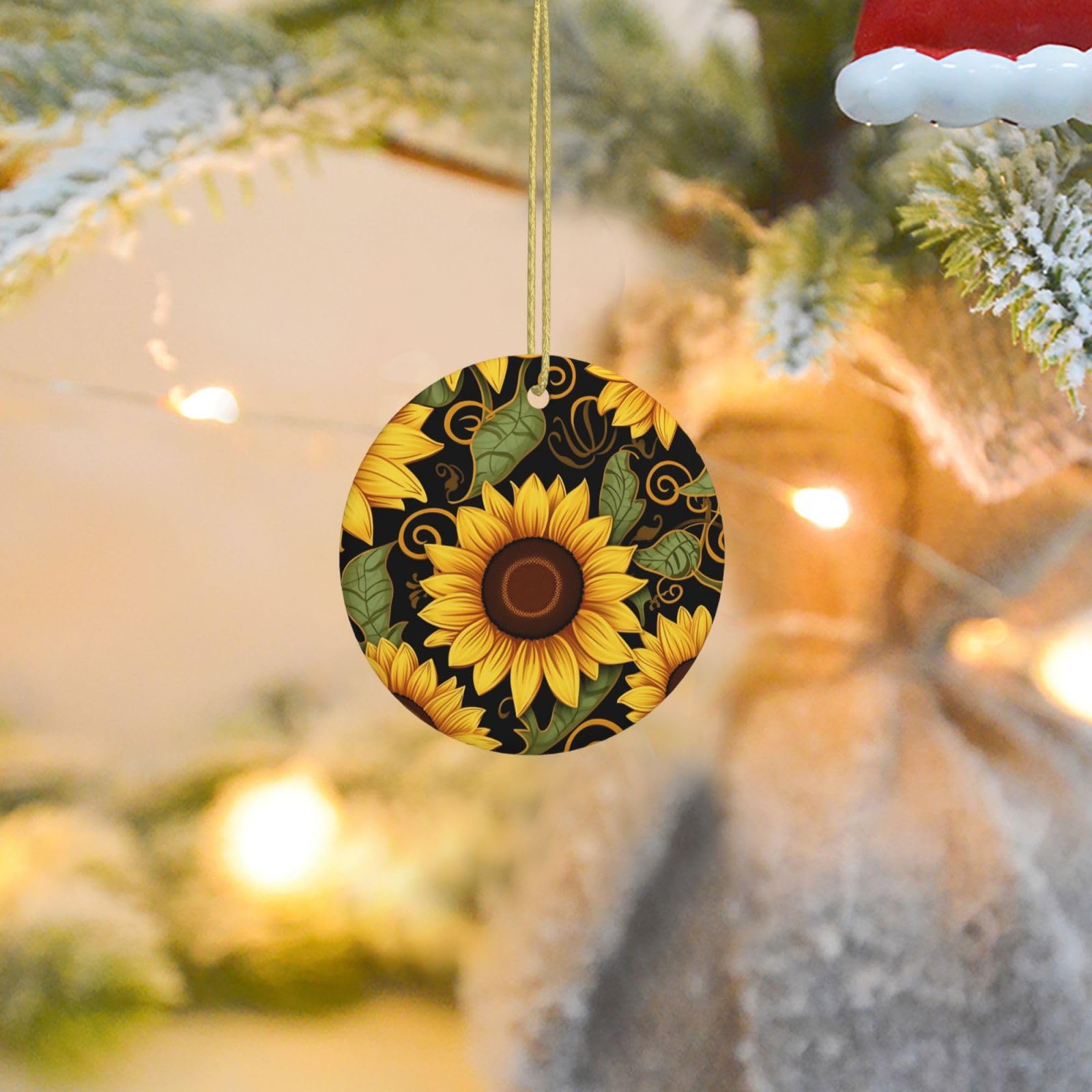 Christmas Tree Ornaments Ceramics Christmas Round Decorations Beautiful Sunflower Ceramics Ornaments Circle Pentagram Xmas Tree Hanging Pendant for Christmas Tree Party Holiday Home Decor