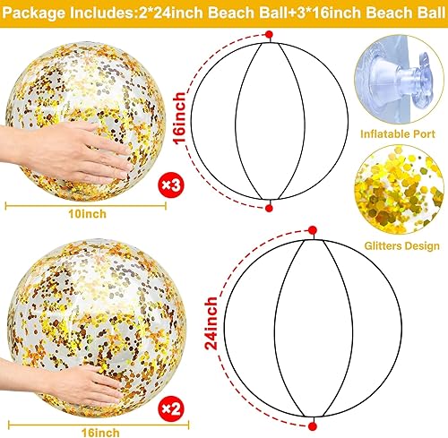 Miniatura 27 de TURNMEON 5 bolas de playa con purpurina, lentejuelas gigantes de 24 pulgadas y 16 pulgadas, bolas de playa inflables rosas para niños y adultos