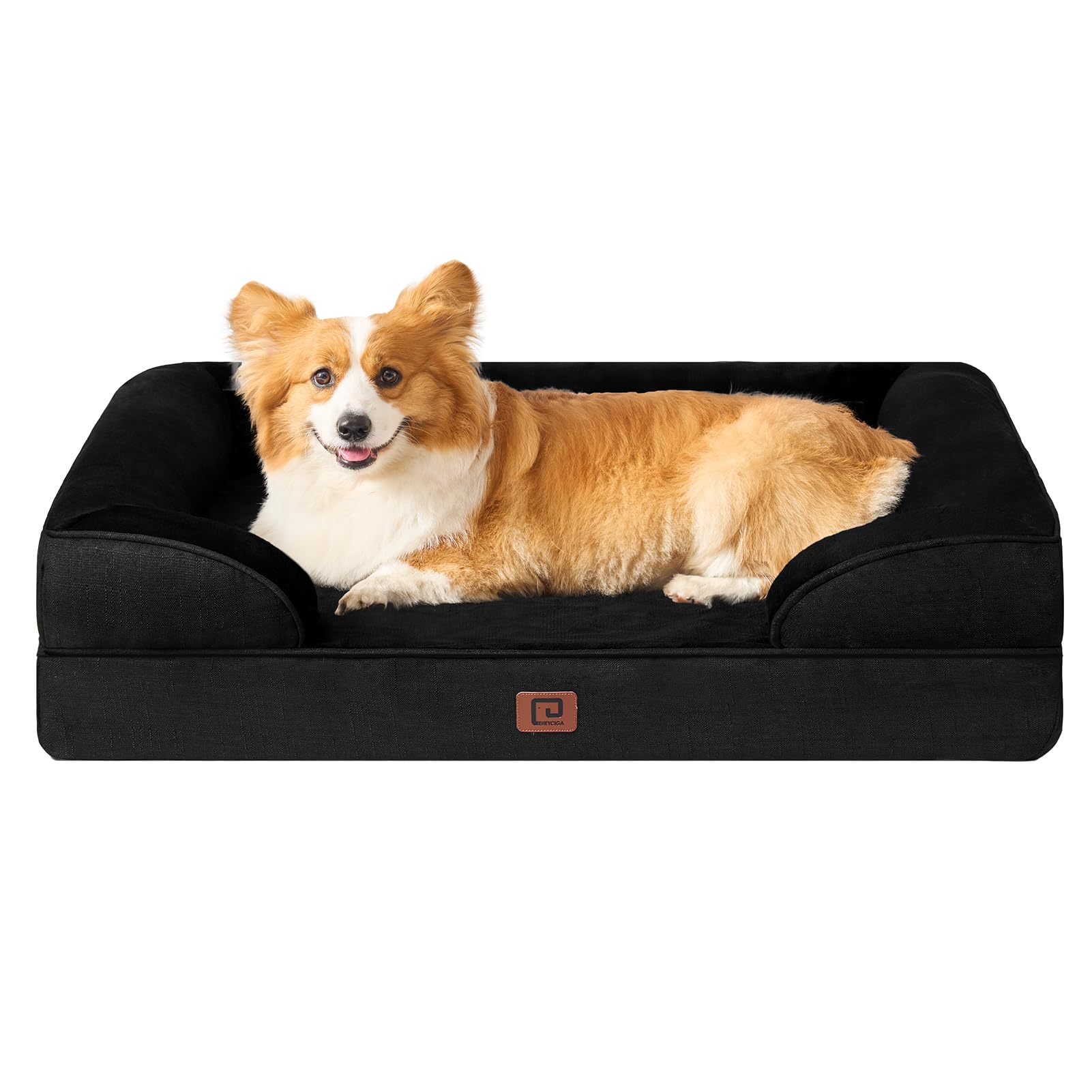 EHEYCIGA Cuccia Cane Interno Taglia Media, Cuscino Cane Impermeabile Sfoderabile e Lavabile, Letto per Cani con tre Lati Rialzati Ortopedico, Cuccia Divano per Cani, Nero, 91x68x16cm