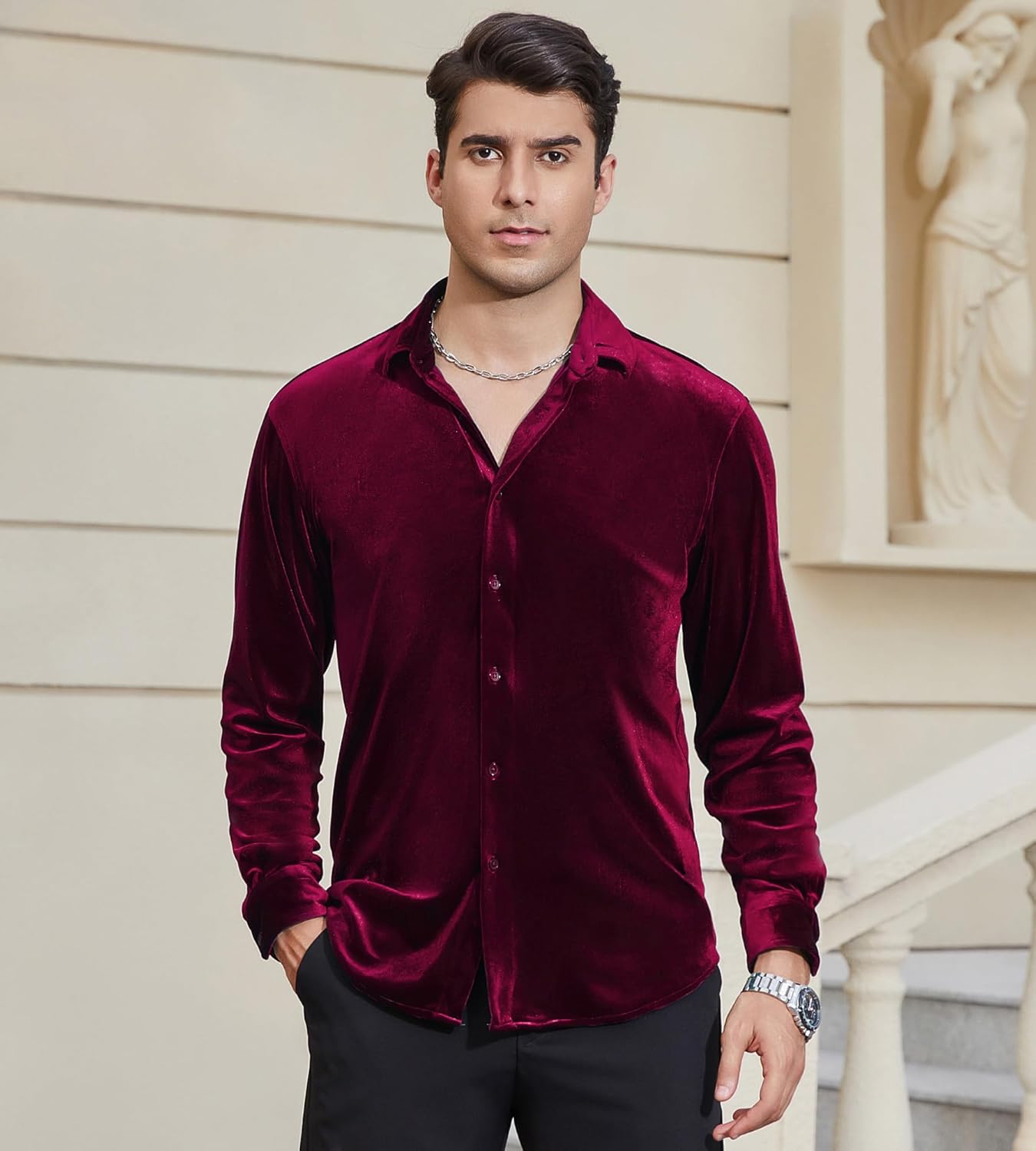 Alex Vando Mens Velvet Shirts Regular Fit Long Sleeve Soft Stretch Casual Button Down Shirt - Image 3