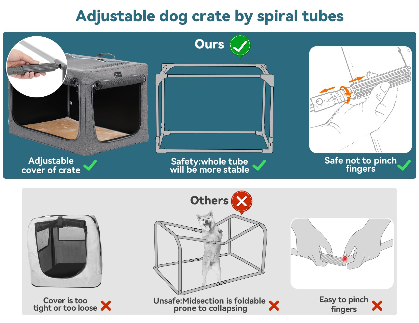 Petsfit trasportino morbido per cani, design strutturale regolabile, Gabbia per cani pieghevole, con tappetino spesso per interno e esterno,Grigio, 76x50x49CM