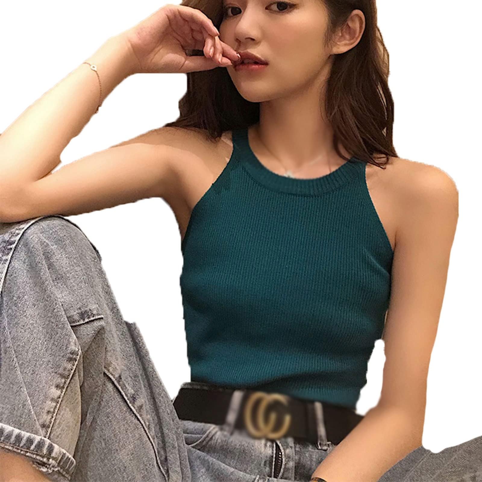 IVYILA Vest for Women Summer New Women's Tank Top Knit Off Shoulder Crew Neck T Shirt Women's Solid Color Halter Camisole (Color : Dark blue, Size : M)