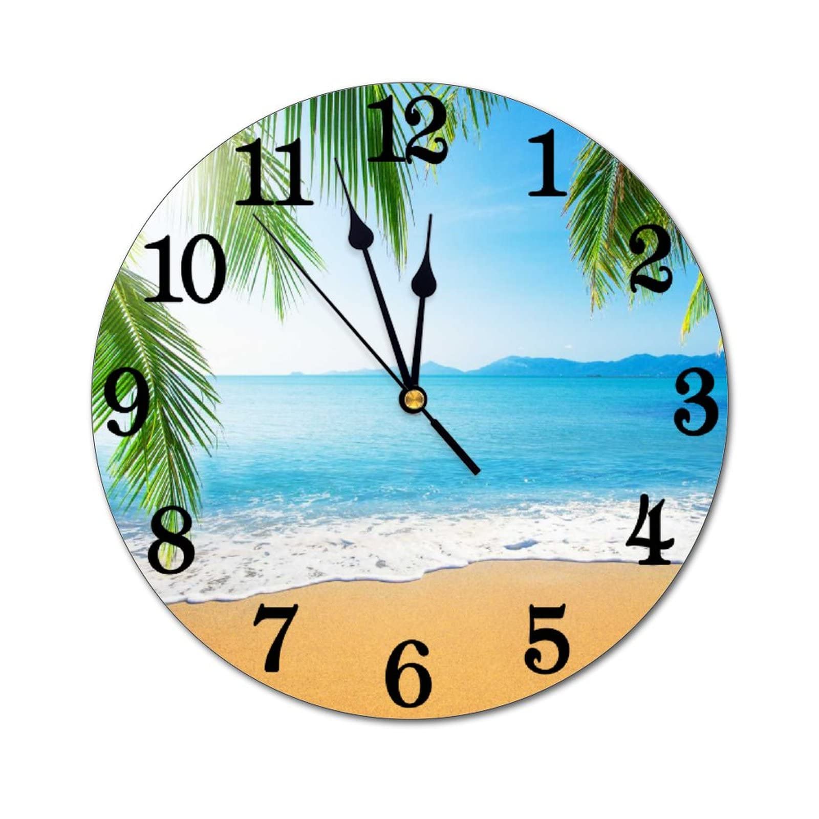 Photo 1 of Abucaky Tropical Beach with Palm Trees Wall Clock Battery Operated Silent Round Clock Wall Decor for Home Office School, 12 Inch