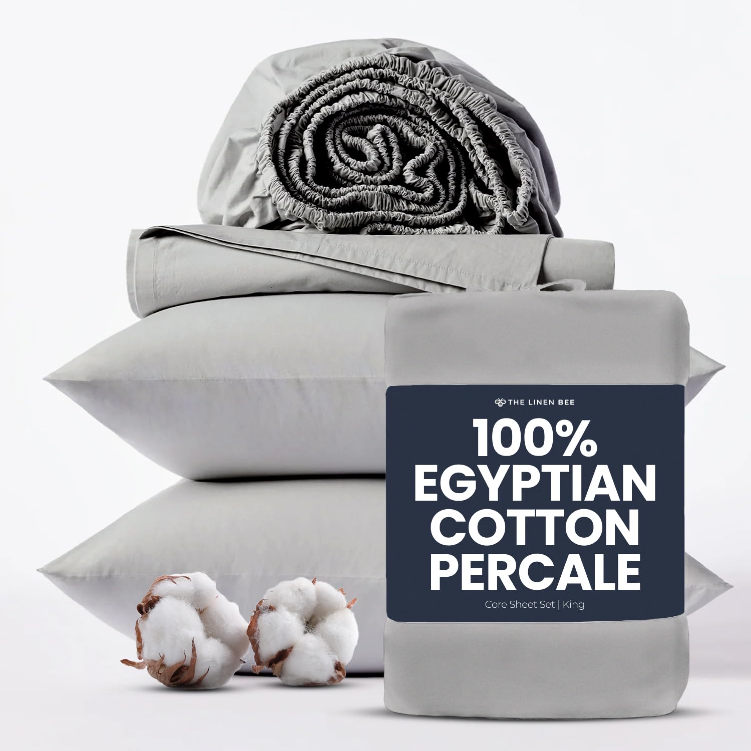 TLB 100% Egyptian Cotton Percale Sheets King Size - Luxurious 400 Thread Count - Crisp, Breathable, Skin-Friendly, Acne Free - Unfavourable for Bacterial Growth - Oeko-TEX Certified (Gray, King )