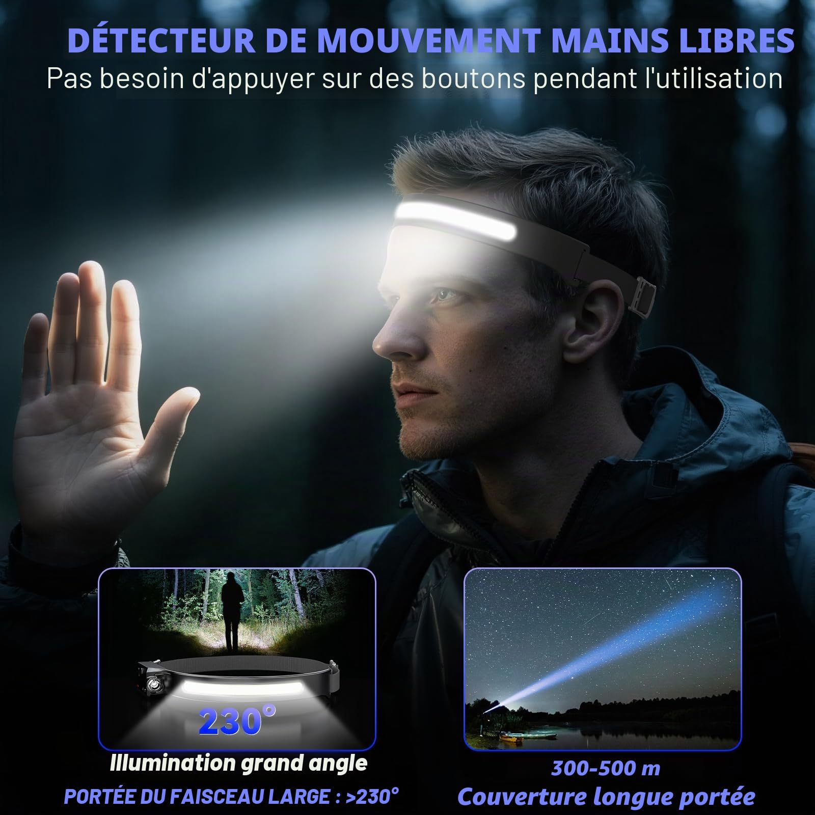 2 Pièces Lampe Frontale LED Ultra Puissante,2000 Lumens 5 Modes Lampe Frontale Rechargeable,Capteur De Mouvement USB IPX4 Étanche Torche Frontale,Pour Le Camping Pêche Le Jogging Pêche Vélo