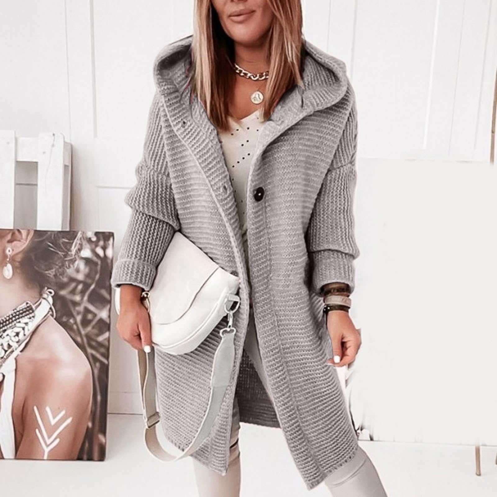 Strickjacken Für Damen Elegant Einfarbig Langarm Grobstrick Hoodie Jacke Mit Kapuze Herbst Winter Lang Strick Cardigan Oversize Open Front Sweater Outwear Outdoor Warm Strickcardigan Strickmantel