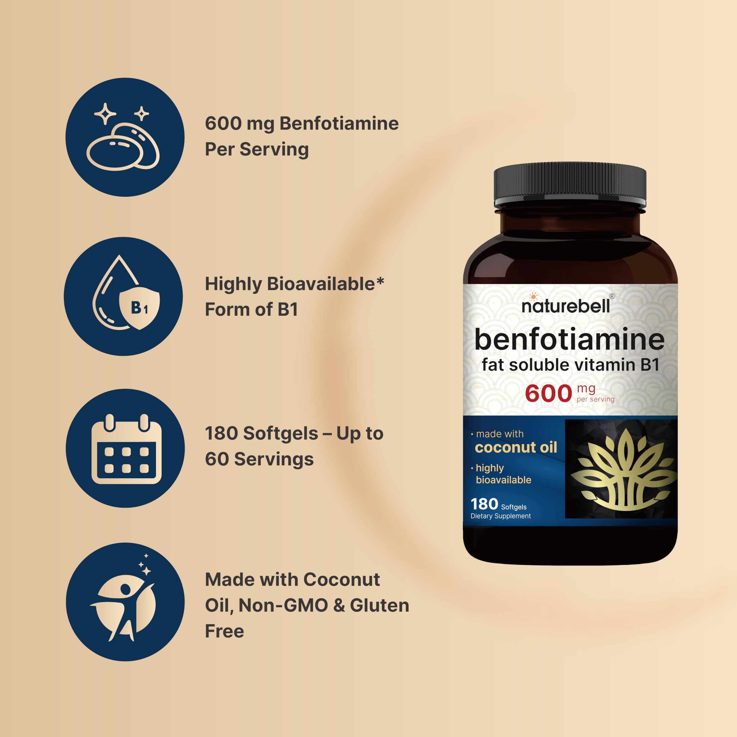 NatureBell Benfotiamine 600mg per Serving,180 Coconut Oil Softgels | Fat-Soluble Vitamin B1 for Men & Women, Converted to Active Thiamine | Non-GMO, cGMP Manufactured — Amazon image 3