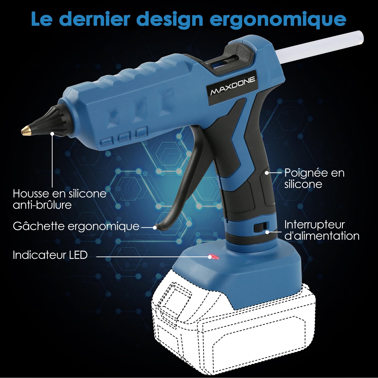 Pistolet à Colle Chaude sans fil 100W, Pistolet a Colle Chaude Compatible Avec Makita 18V et Bâtons de Colle, Pour le Bricolage, L'art, Bâtons de 11 mm (Outil Nu, Sans Batterie, Sans Chargeur)
