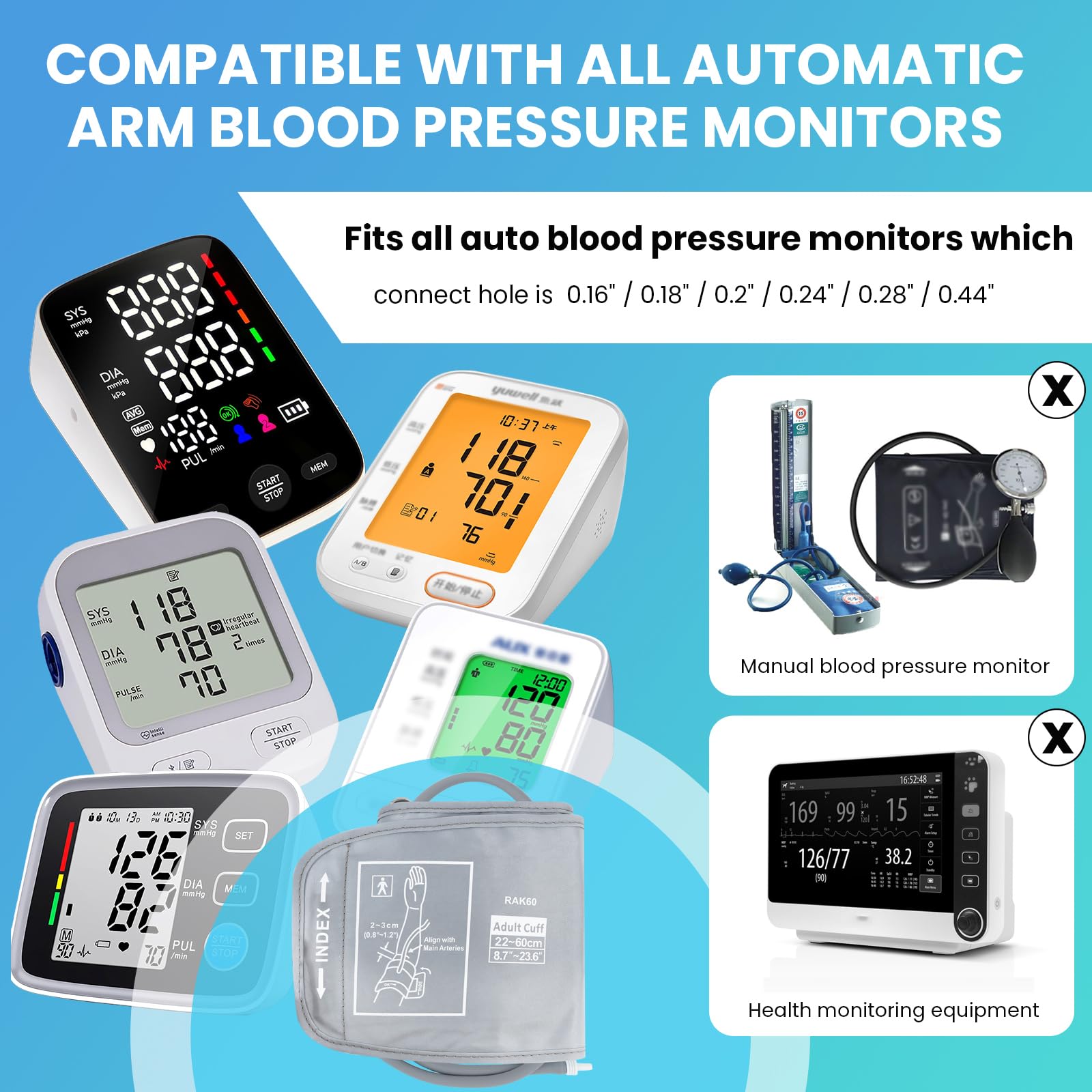 Brazalete extragrande de repuesto para monitores Omron BP de 22 a 60 cm, brazo grande ajustable XL, incluye 6 interfaces universales, compatible con monitores de presión arterial