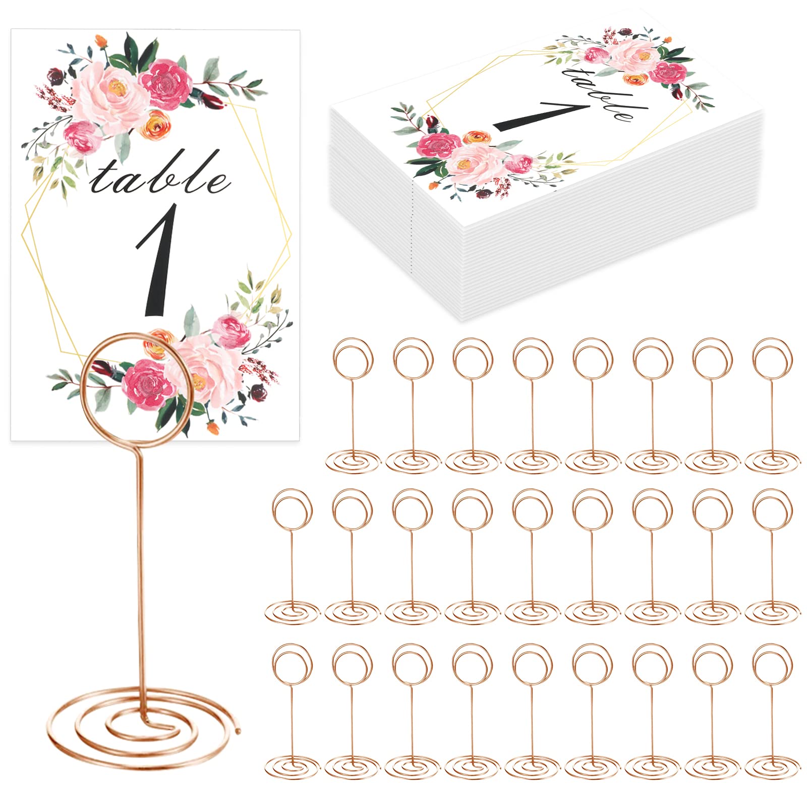 26 PCS Table Number Holder - Table Card Holder Stand Wire Photo Holder with 26 Pcs Floral Table Number Cards, Place Card Holder Stand for Weddings Party Office Paper Memo Menu Note Clips