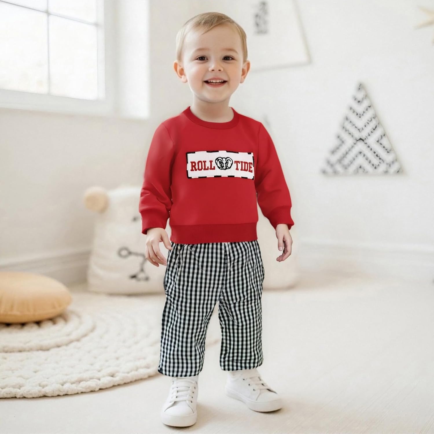 Toddler Baby Boy Football Outfit Tiger Elephant Embroidery Crewneck Sweatshirt Plaid Pants Set Fall Winter Clothes - Image 3