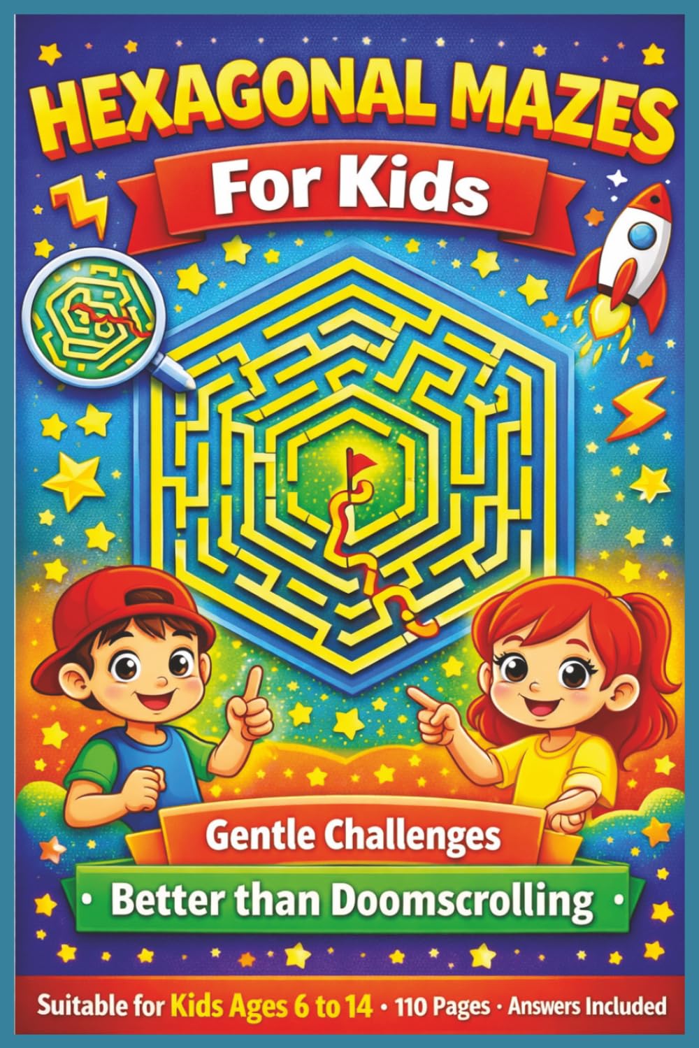 Hexagonal Maze for Kids: Gentle Challenges Better than Doomscrolling|Beat Boredom Without a Screen|Brain-Boosting Fun|6-14 years|50+ Puzzles|Solutions included